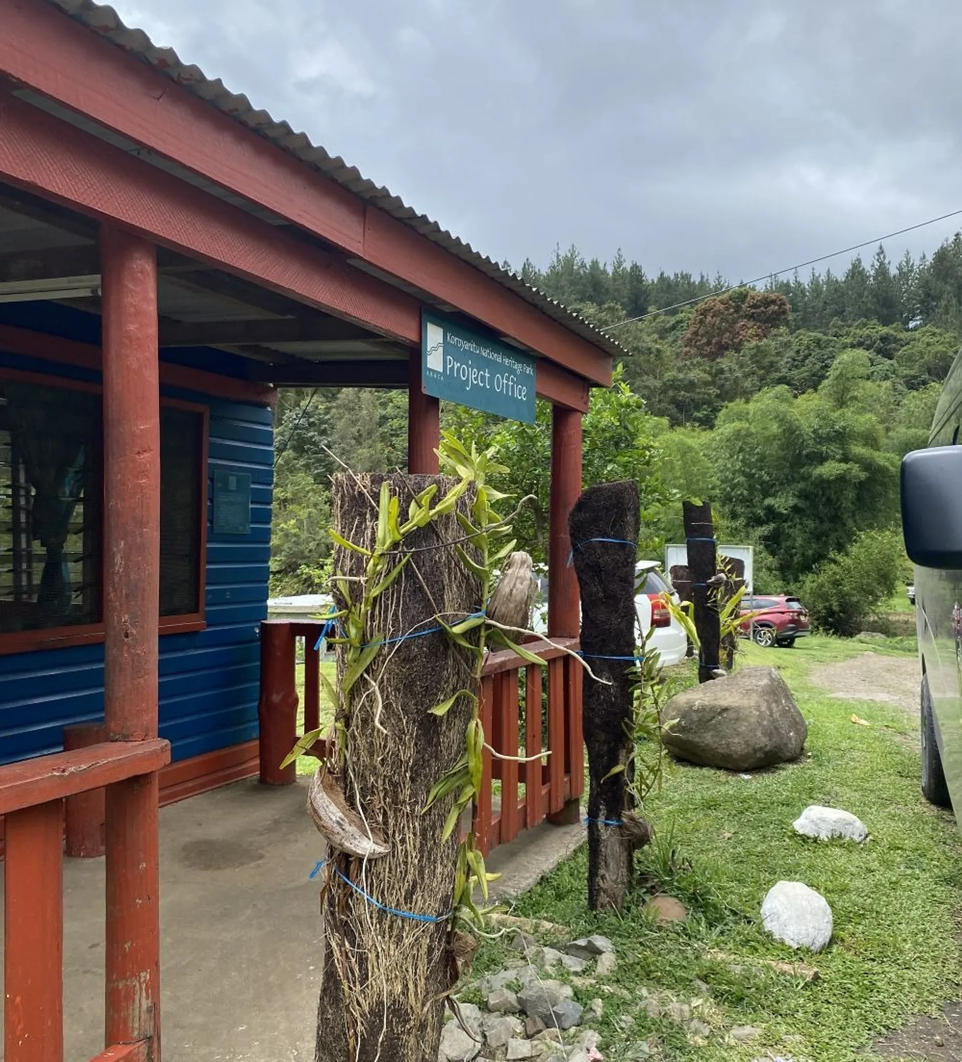 A colorful project office nestled in the lush landscape surrounded by vibrant greenery.