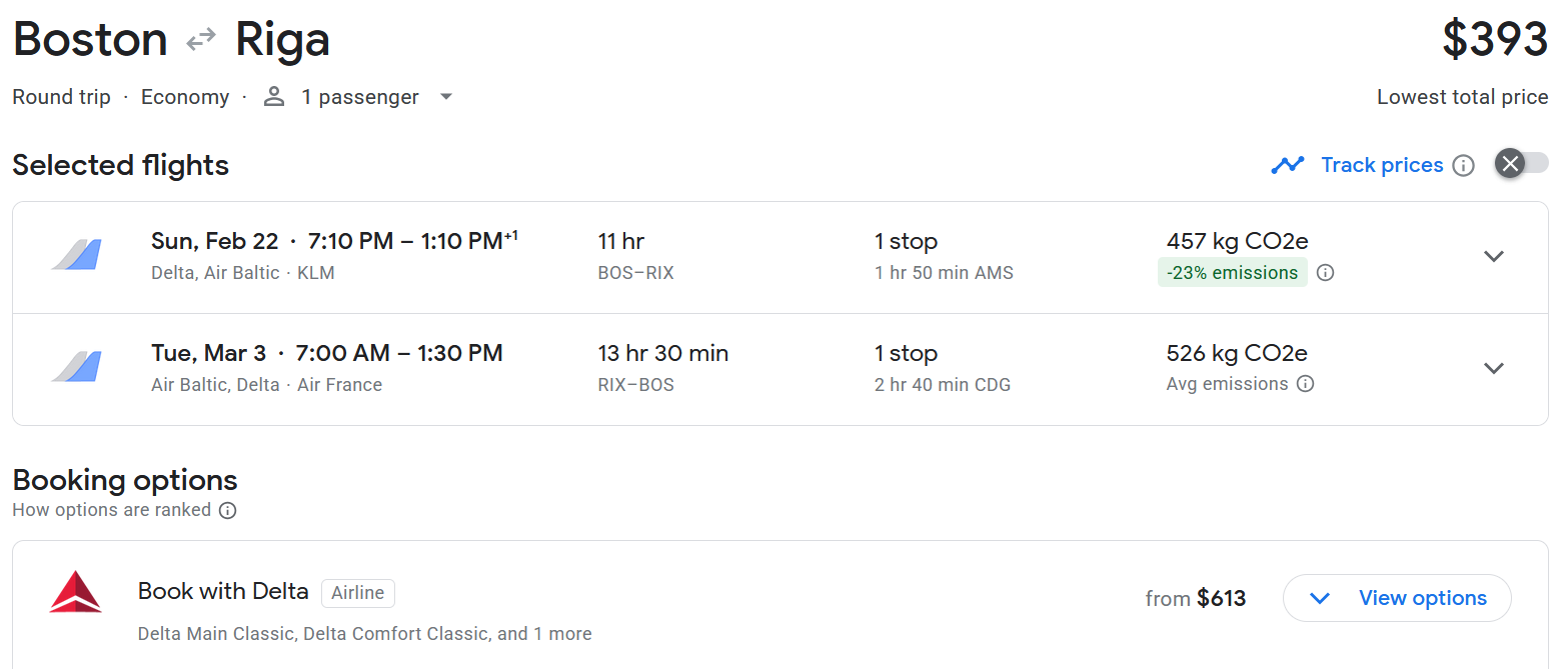 A screenshot from Google Flights presents round-trip options between Boston and Riga, with details on flight duration, stops in Amsterdam and Paris, and environmental impact.