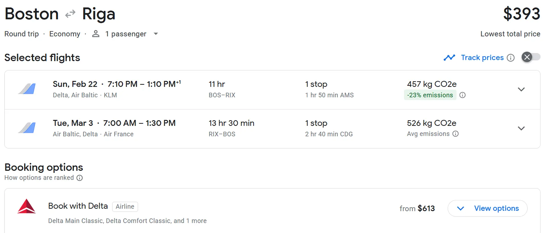 A screenshot from Google Flights presents round-trip options between Boston and Riga, with details on flight duration, stops in Amsterdam and Paris, and environmental impact.