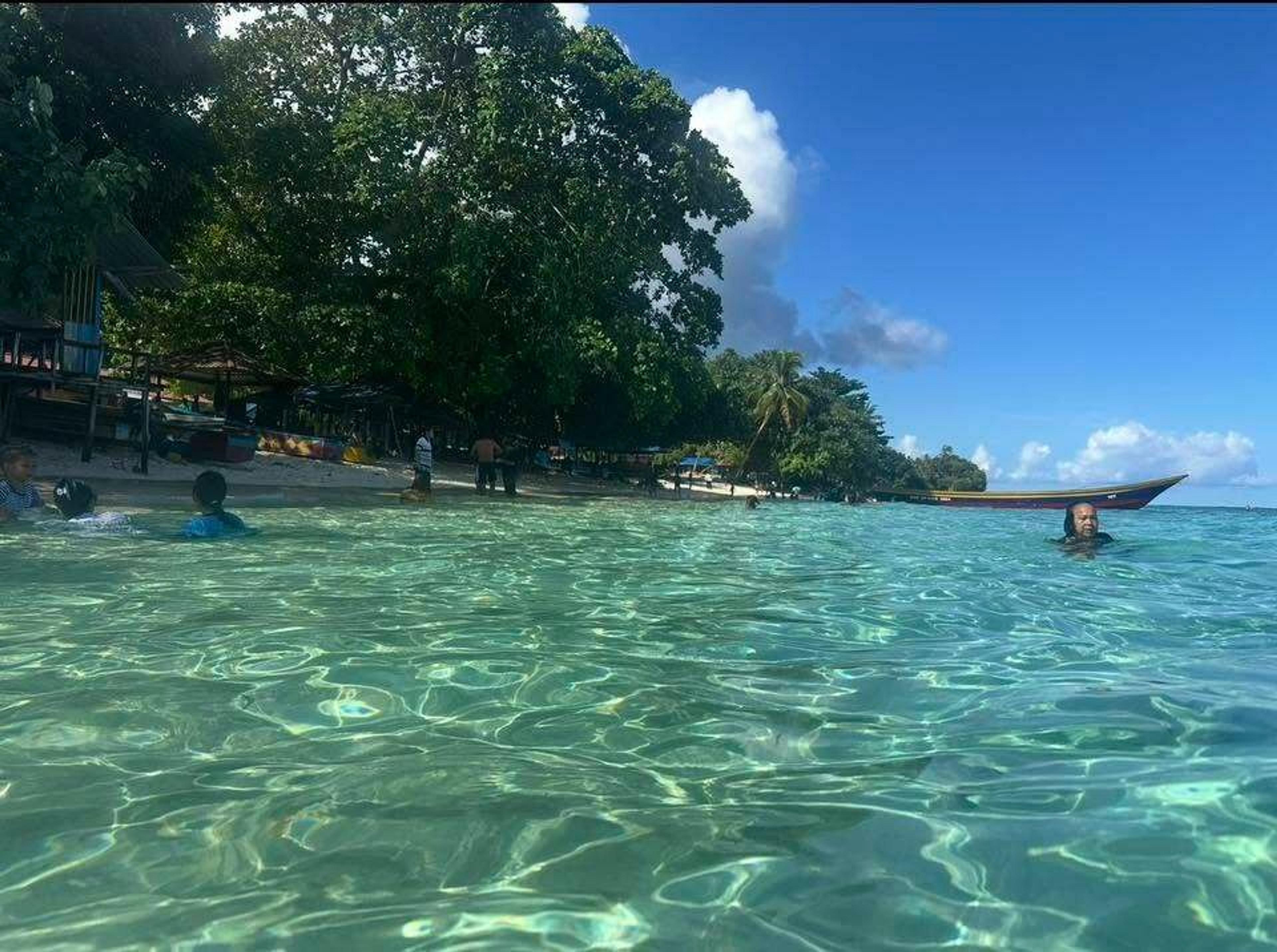 Turquoise waters meet a lush, tree-lined beach with people enjoying the sea in Indonesia