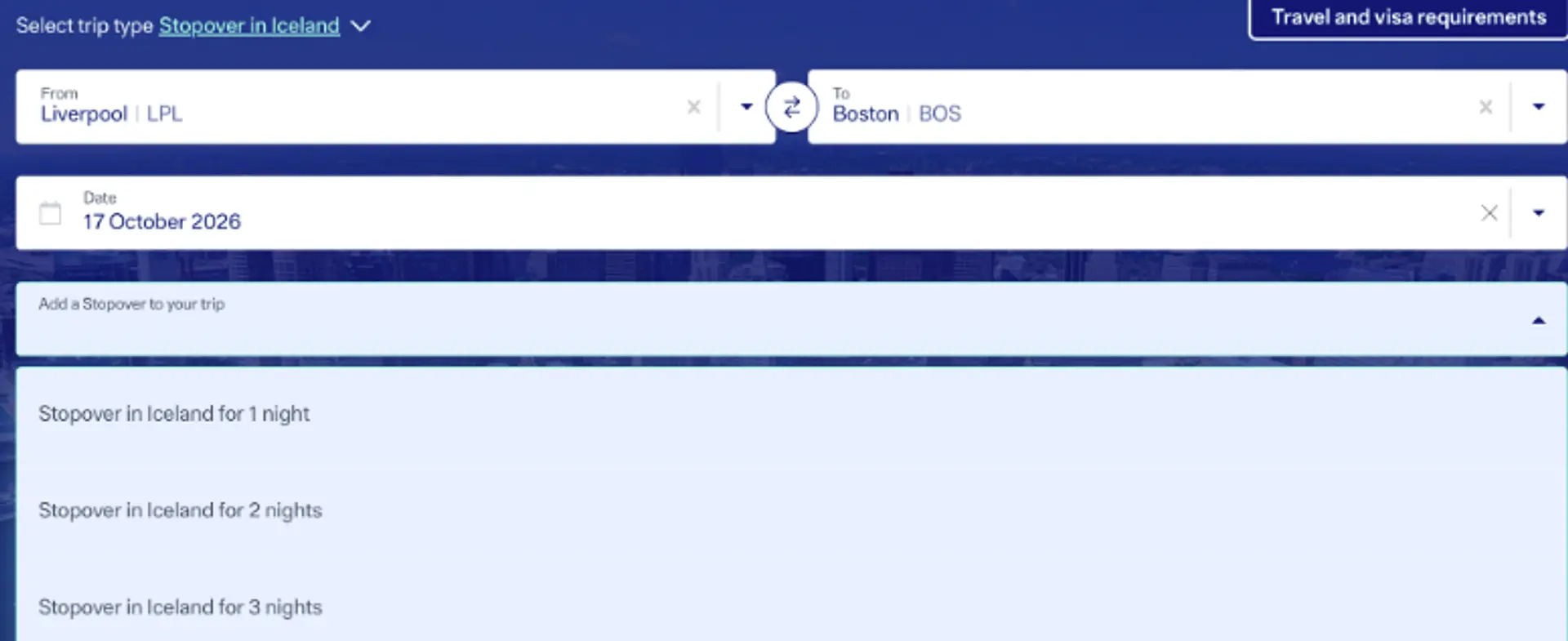 A flight booking interface displays a trip from Liverpool (LPL) to Boston (BOS) with options for a stopover in Iceland.