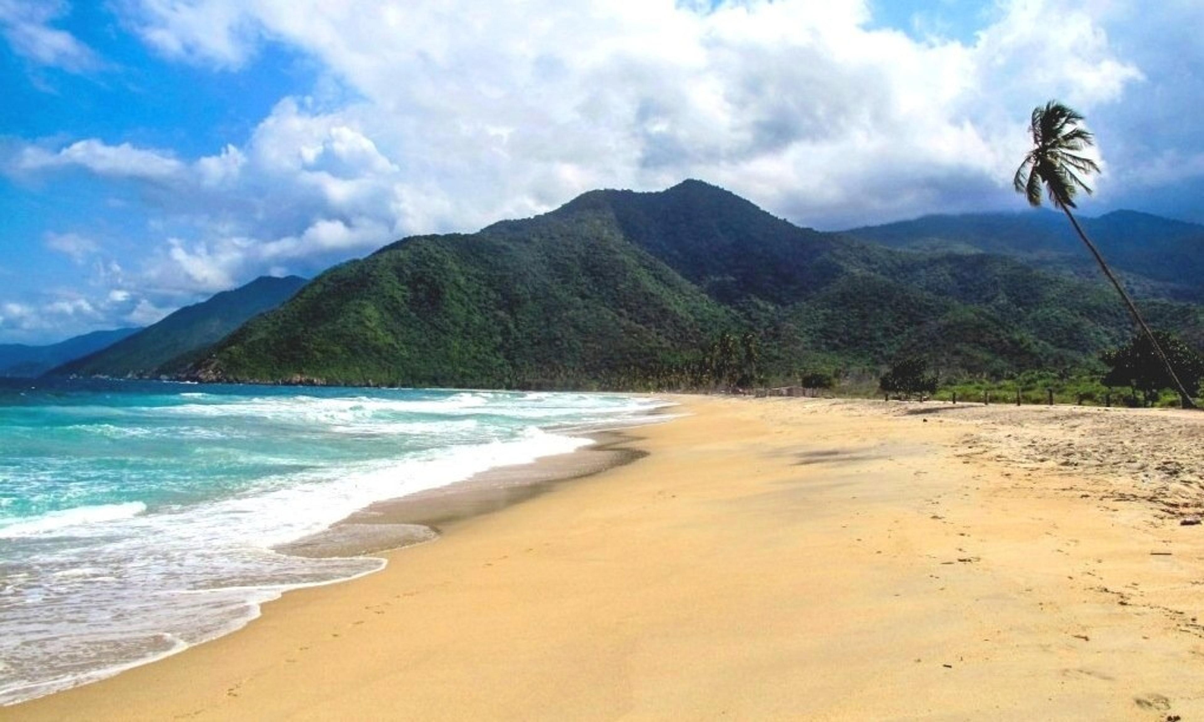 A picturesque beach with golden sands and lush green hills forms the serene landscape of Choroní in Venezuela.