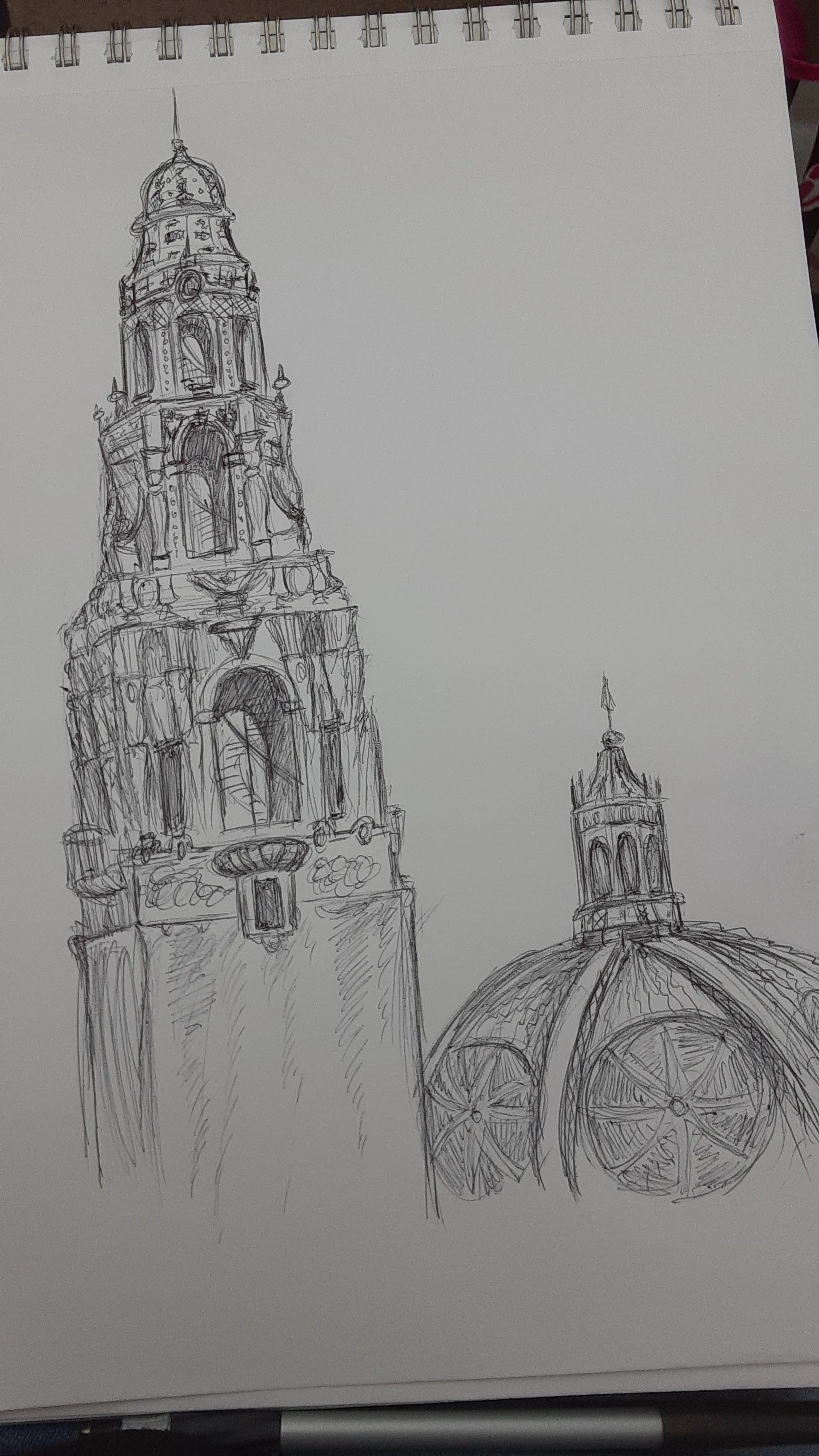 A detailed sketch of the iconic towers at Balboa Park in San Diego.
