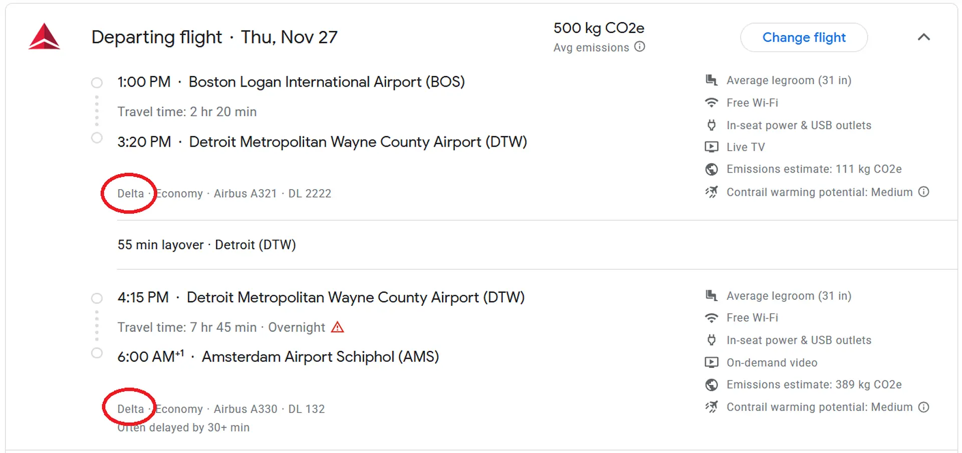 A flight itinerary details a journey from Boston Logan International Airport to Amsterdam Airport Schiphol with a layover at Detroit Metropolitan Wayne County Airport, operated by Delta.