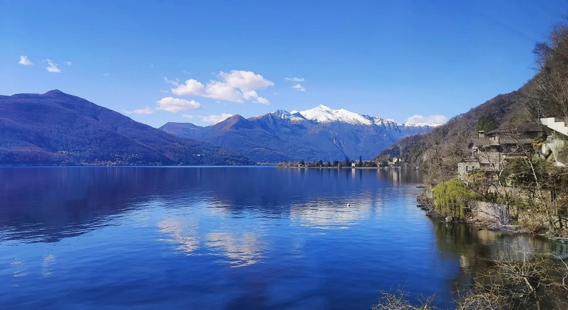 View of the lake with snowy peaks in the distance