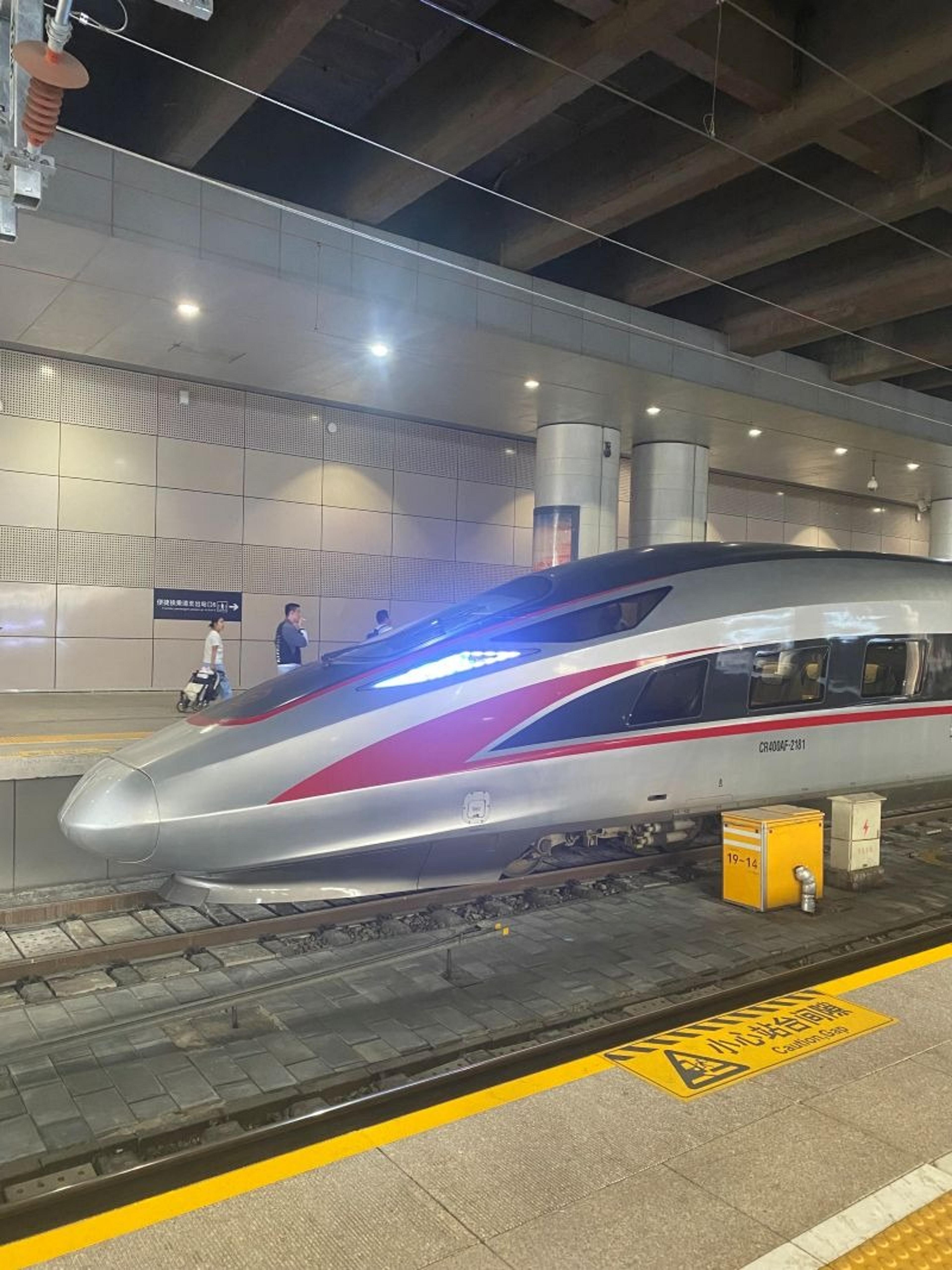 A high-speed train is stationed at a platform in Beijing's railway station.