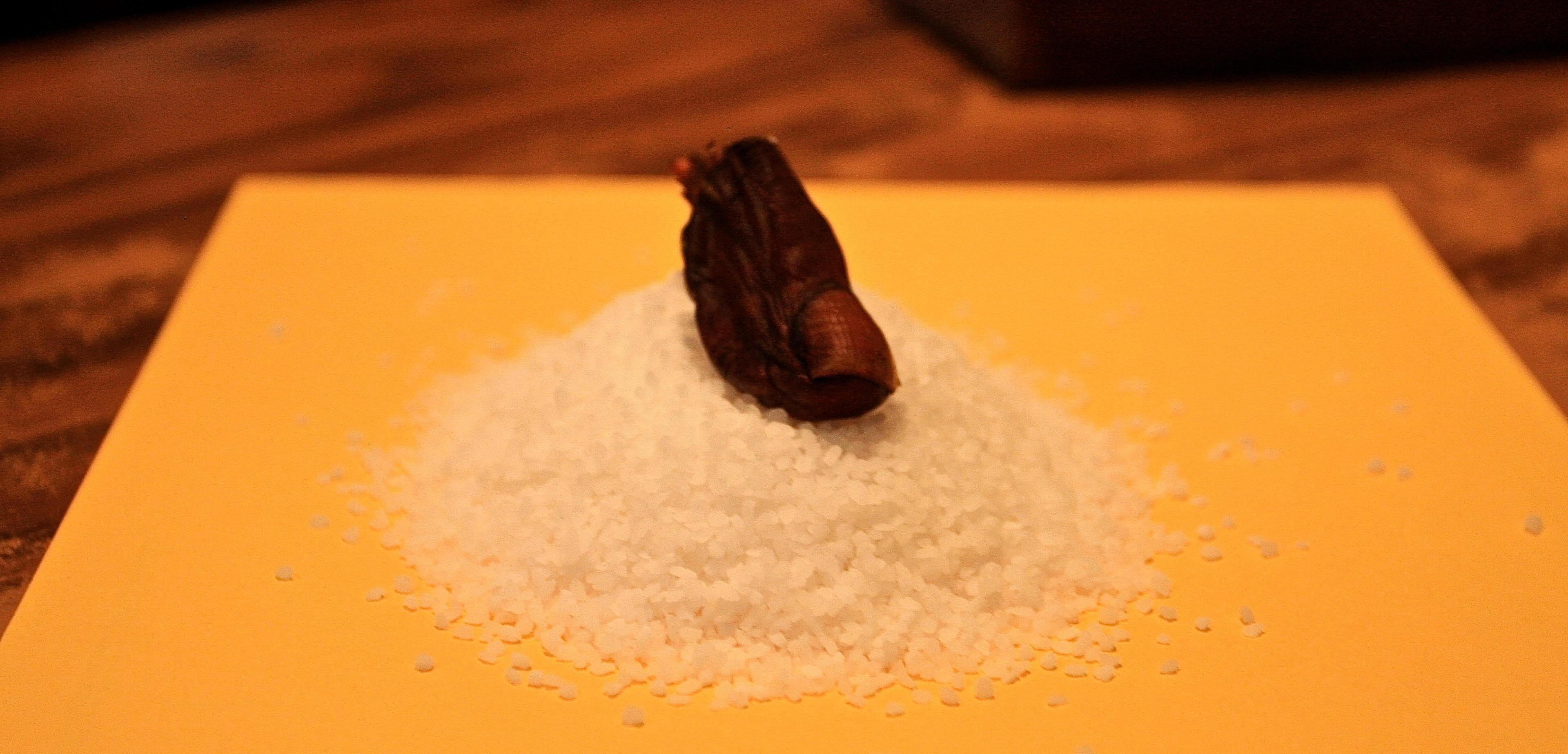 A dried toe rests atop a pile of coarse salt on a textured wooden surface.
