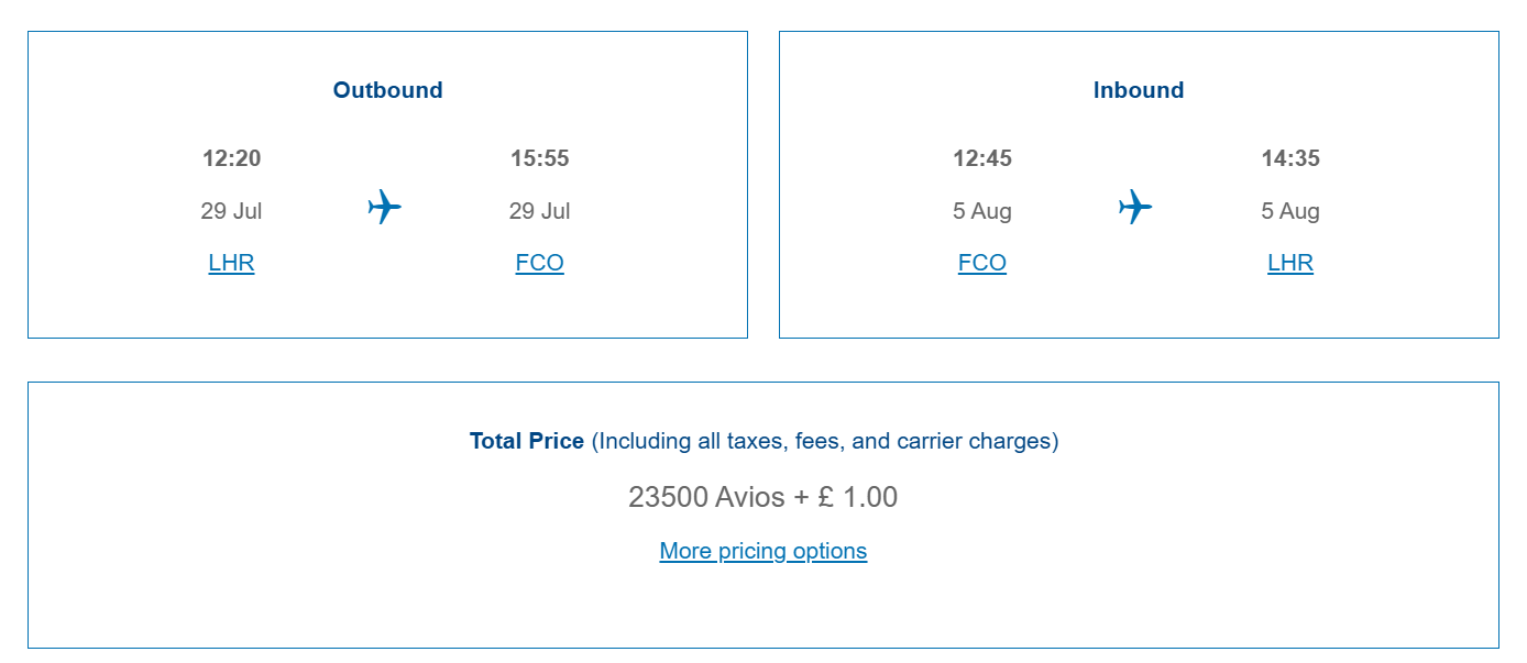 Summer flights to Rome for 23,500 Avios + £1