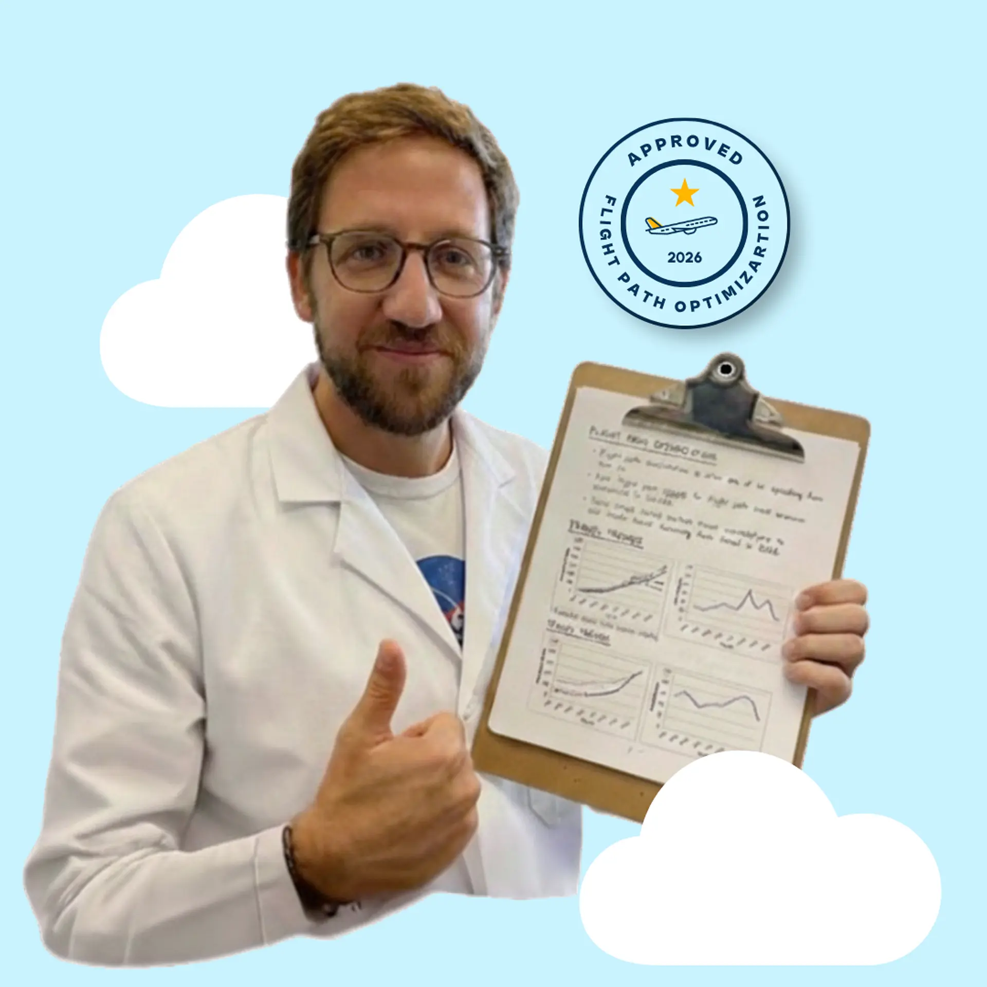 A person in a lab coat gives a thumbs up while holding a clipboard with charts and graphs, with a "Flight Path Optimization" badge beside them.