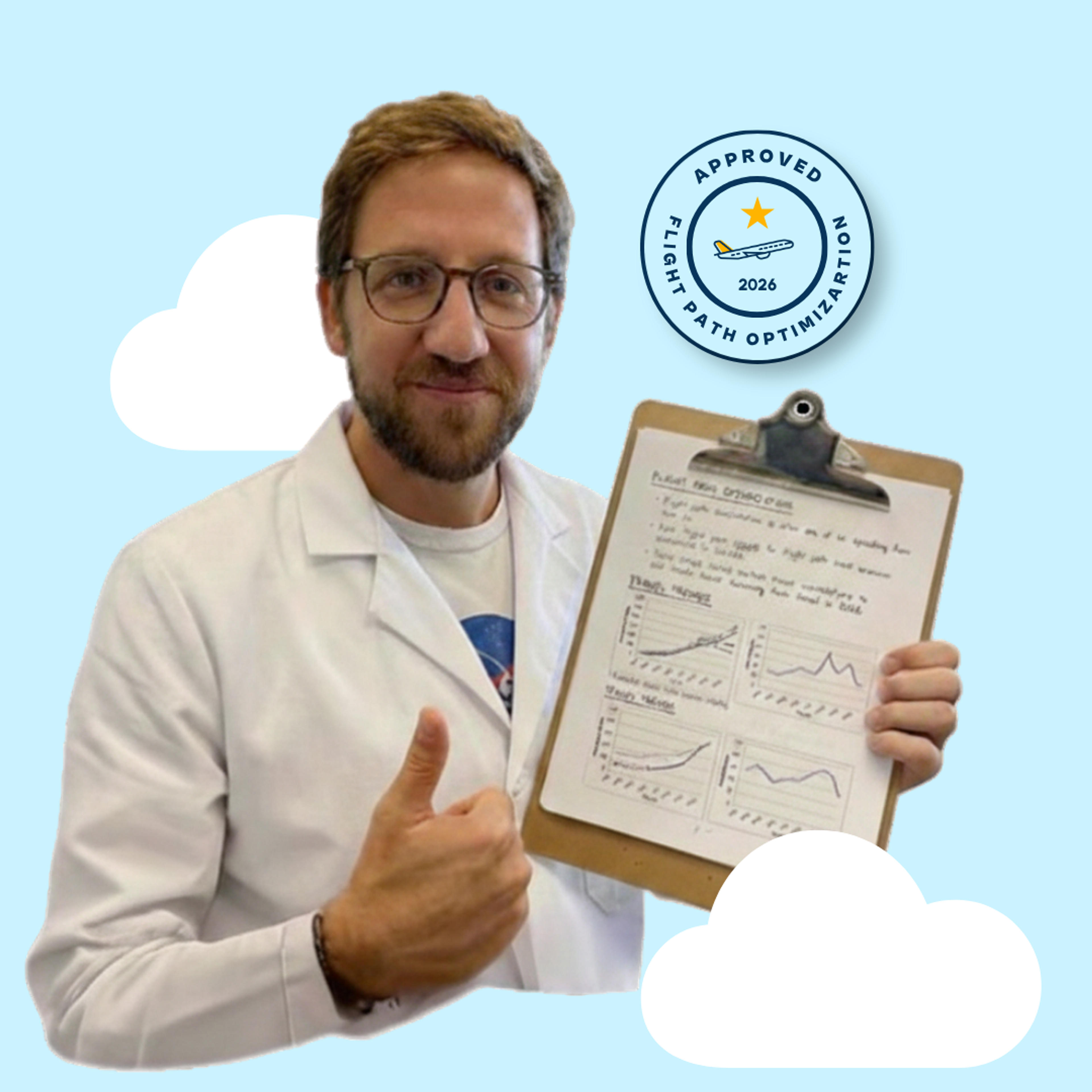 A person in a lab coat gives a thumbs up while holding a clipboard with charts and graphs, with a "Flight Path Optimization" badge beside them.