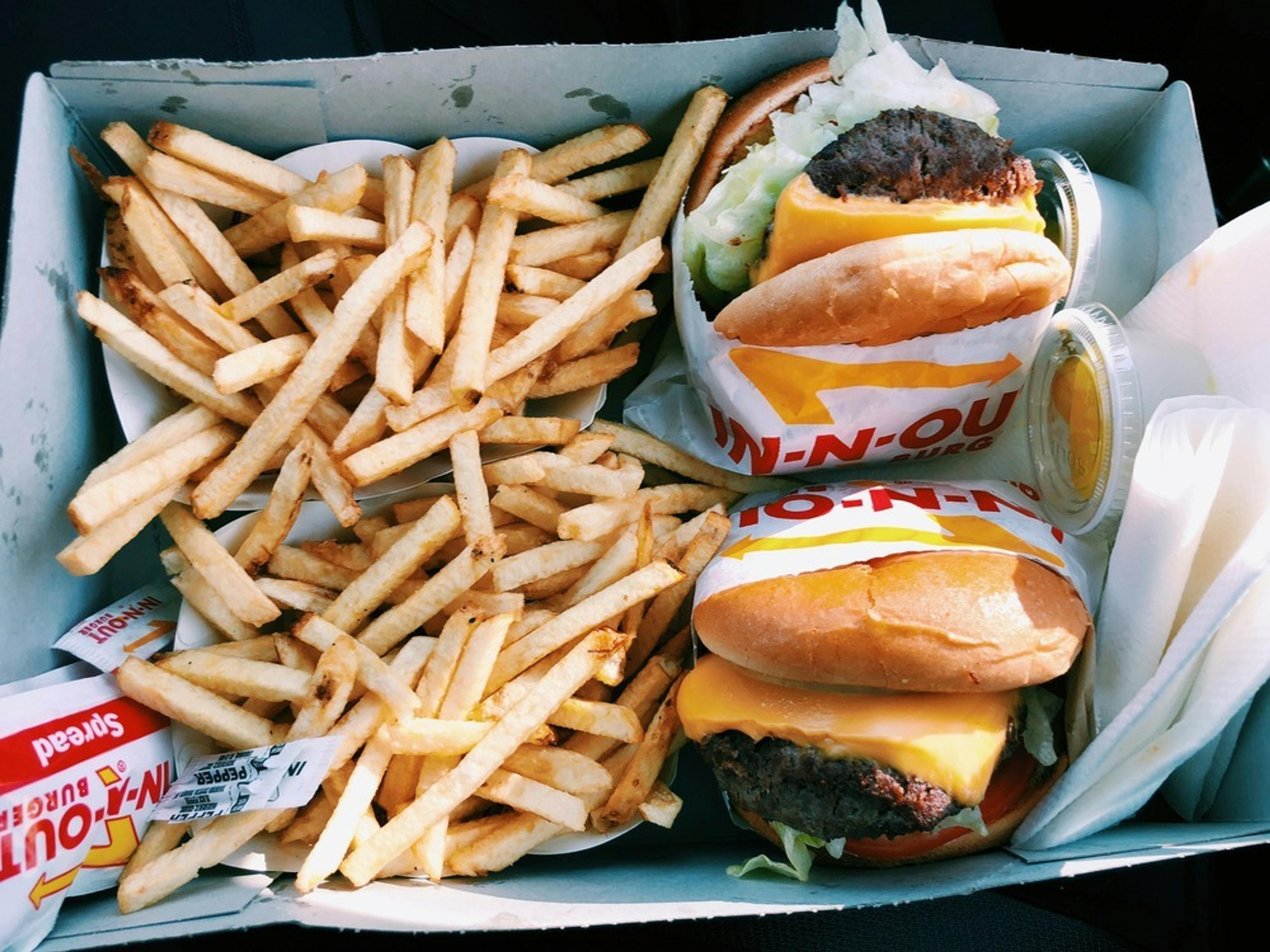 A takeout box from In-N-Out Burger is filled with two burgers and a generous portion of fries.