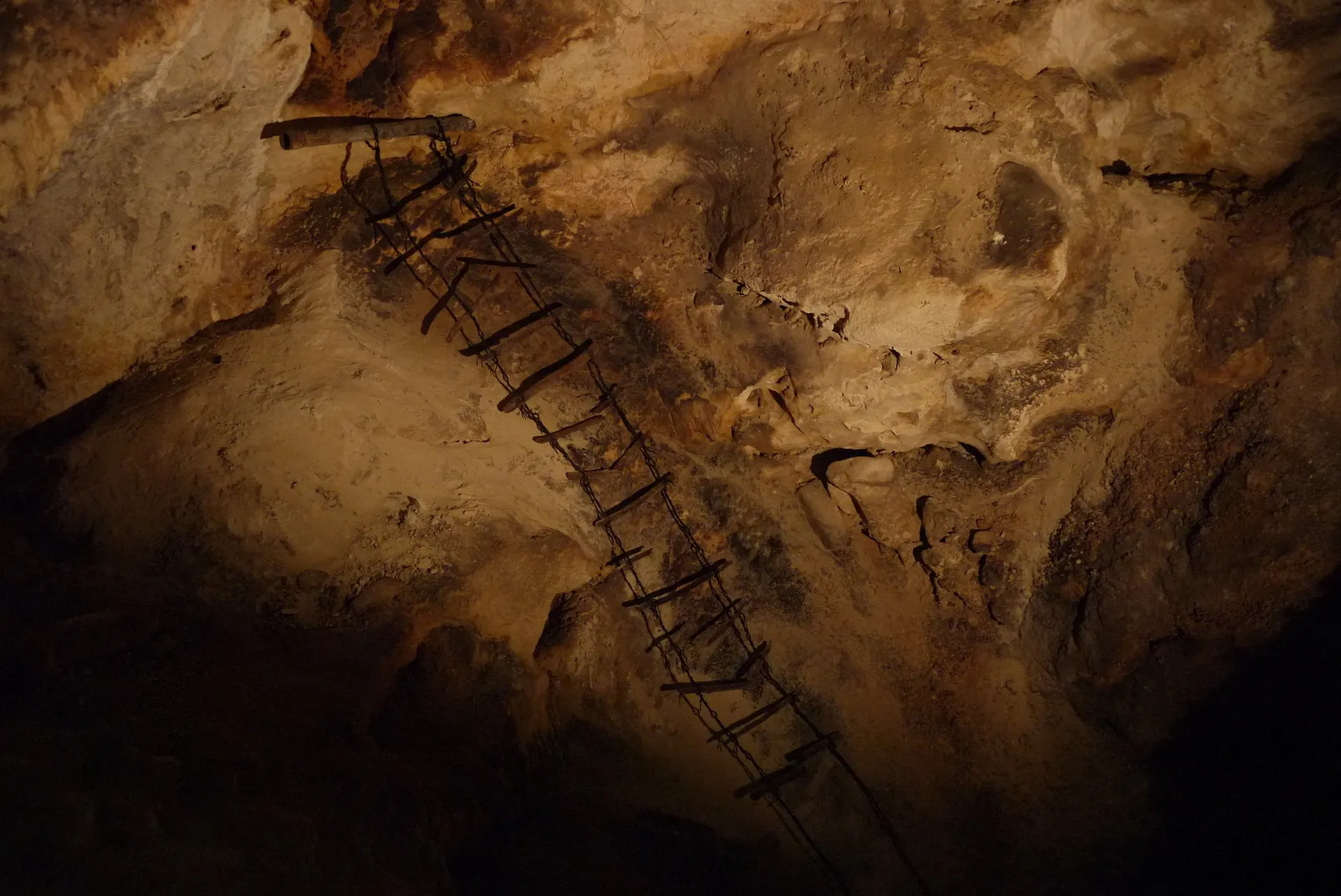 An old, rickety wooden ladder ascends the rocky walls 