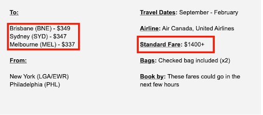 a Jacks flight deal showing cheapest flights to anywhere - the departure city, travel dates, major airline