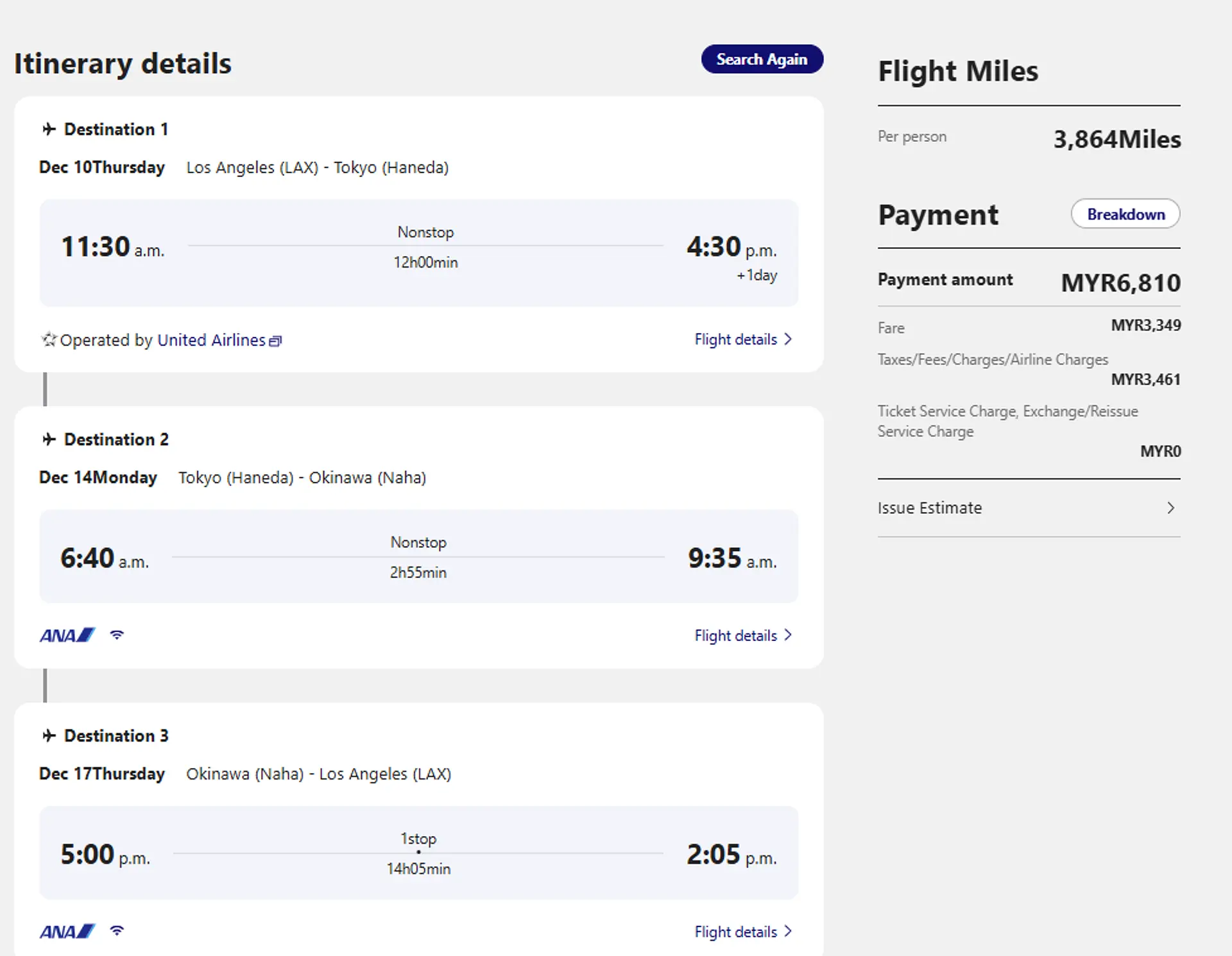A flight itinerary details a multi-stop journey from Los Angeles to Tokyo, Okinawa, and back to Los Angeles, with a cost breakdown in Malaysian Ringgit.
