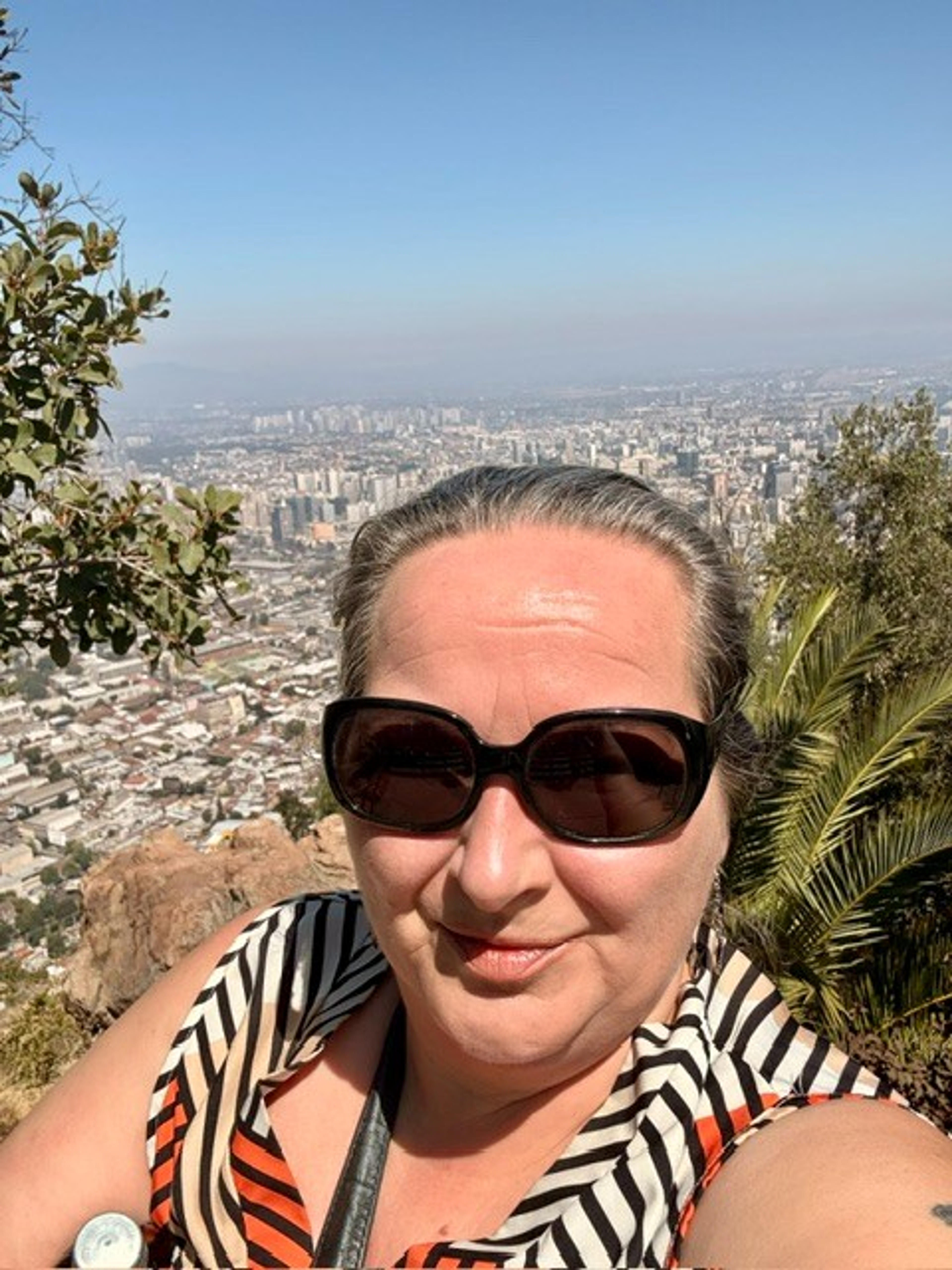 A person wearing sunglasses takes a selfie with a panoramic view of Santiago, Chile, in the background.