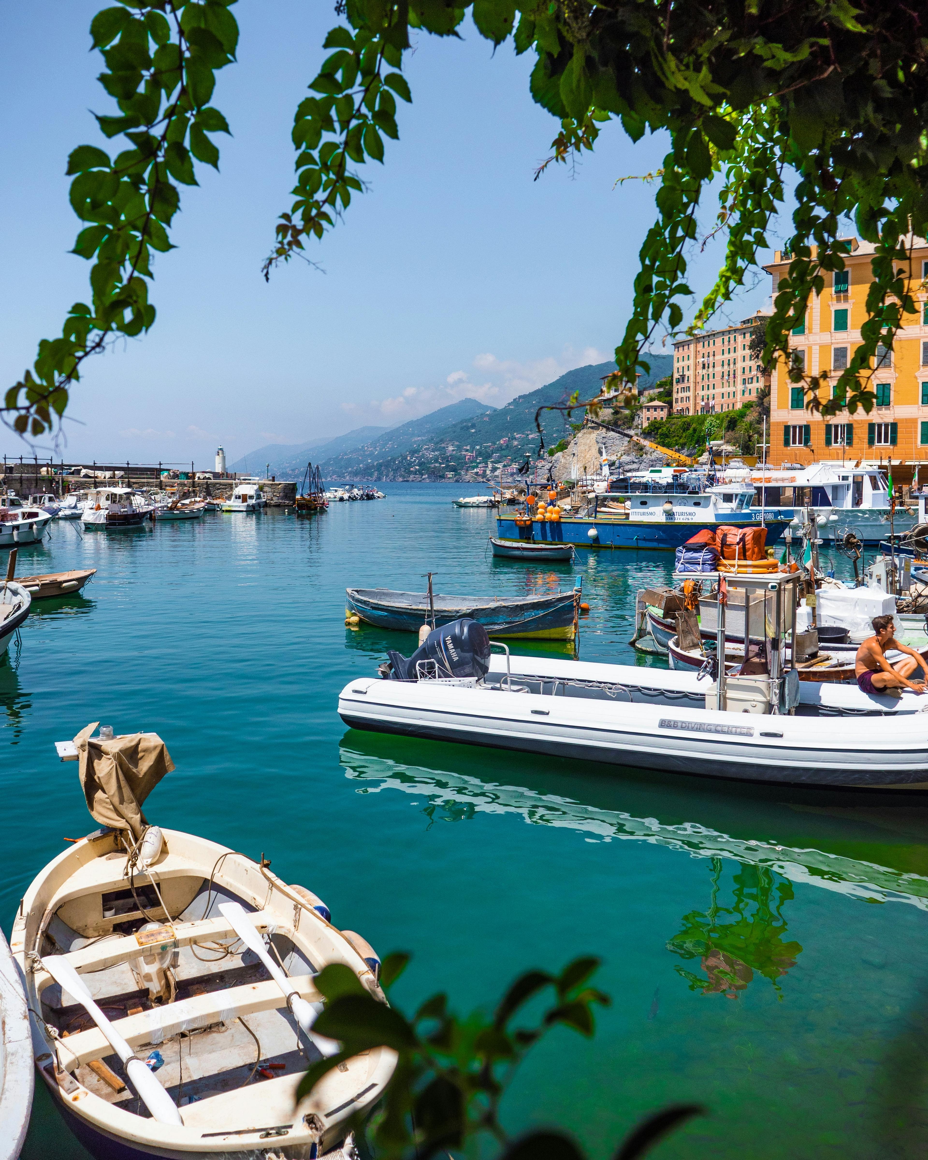 Boats rest in the vibrant waters of Camogli harbor in Italy, surrounded by colorful buildings and lush greenery.