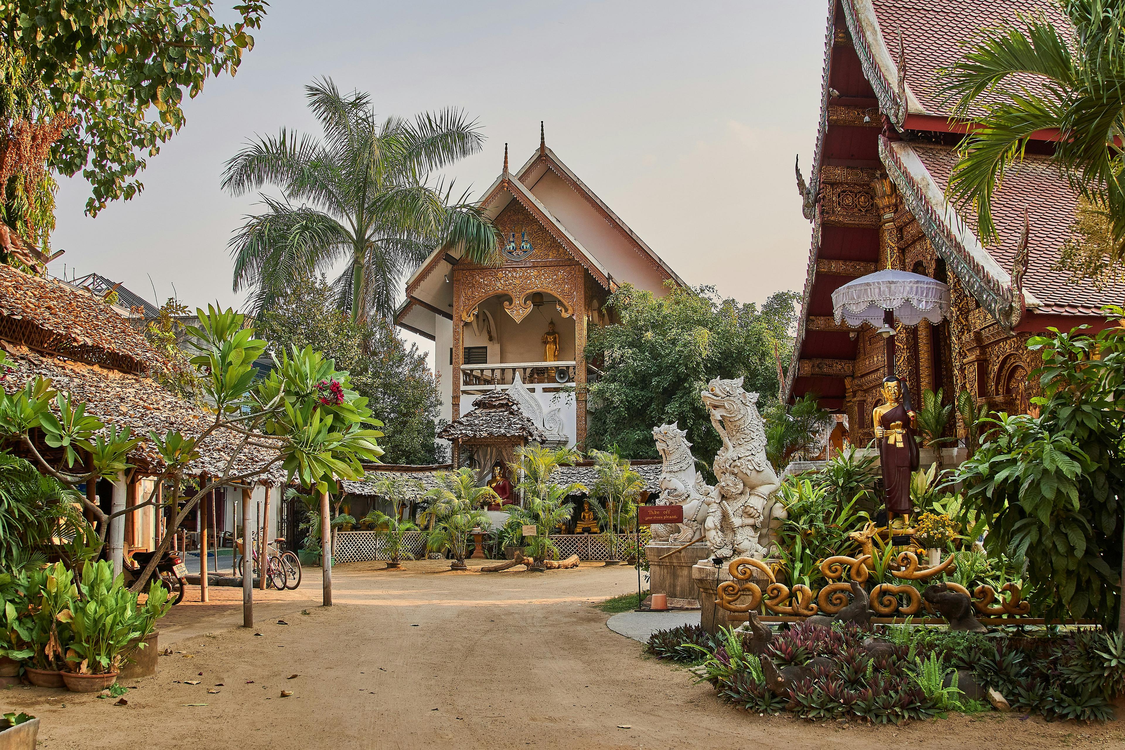 A serene view of Wat Phra Singh temple in Chiang Mai, Thailand, featuring traditional architecture surrounded by lush greenery.