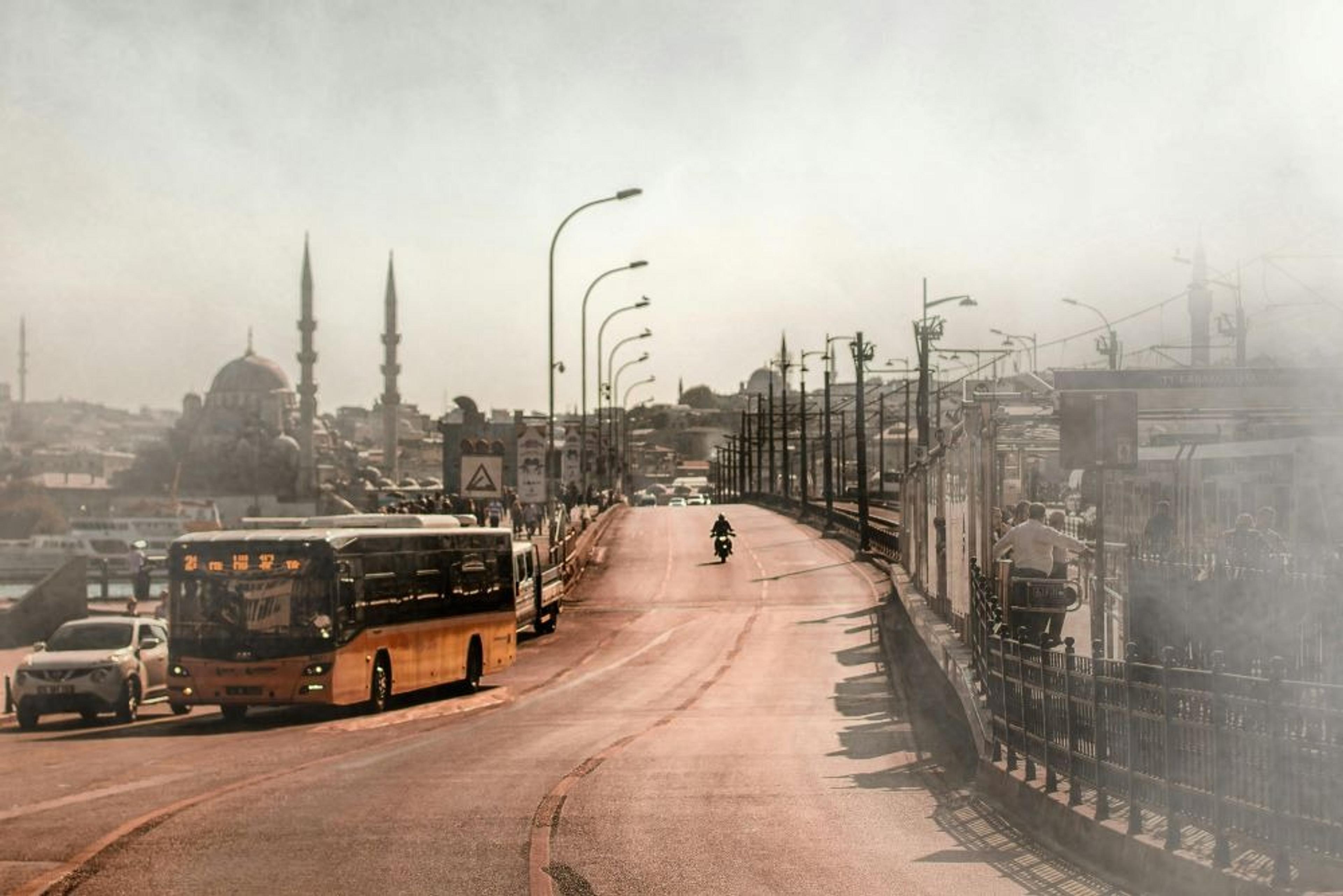 Bus crossing a bridge
