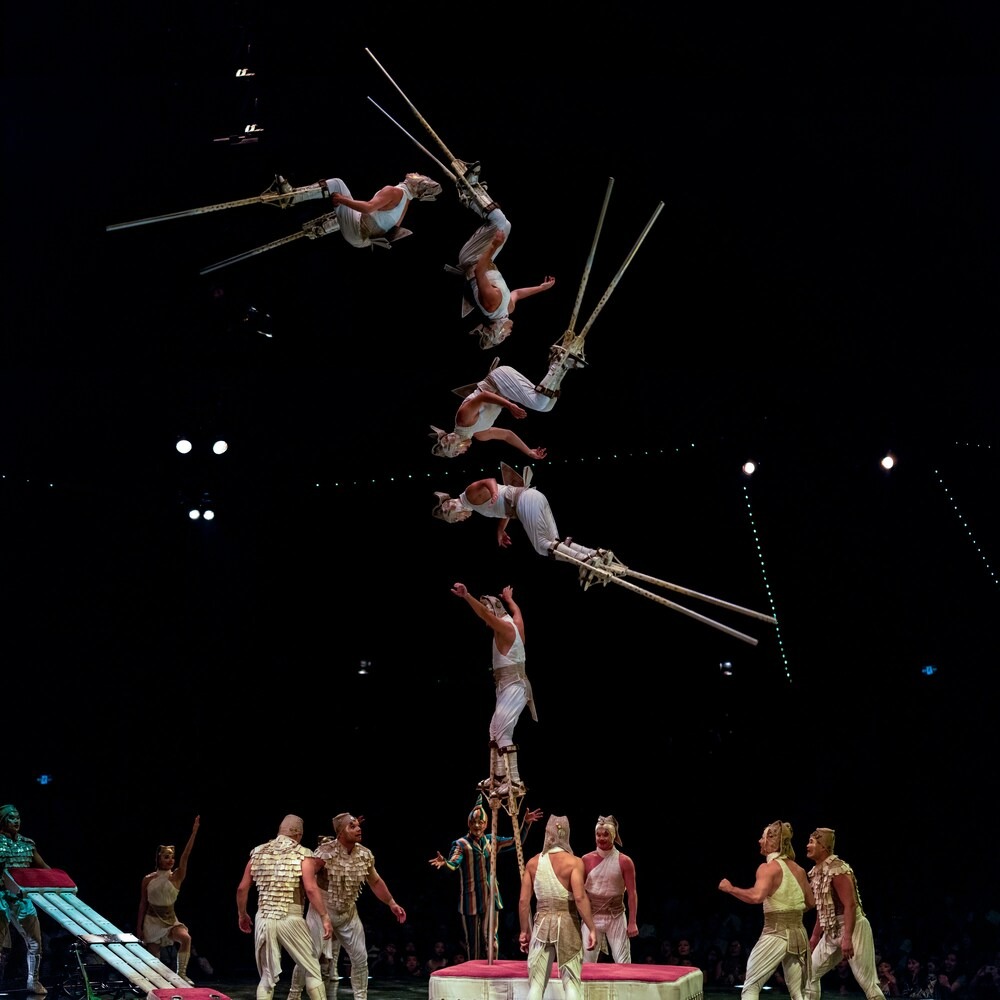 Acrobat hurling themself through the air at a cirque performance.