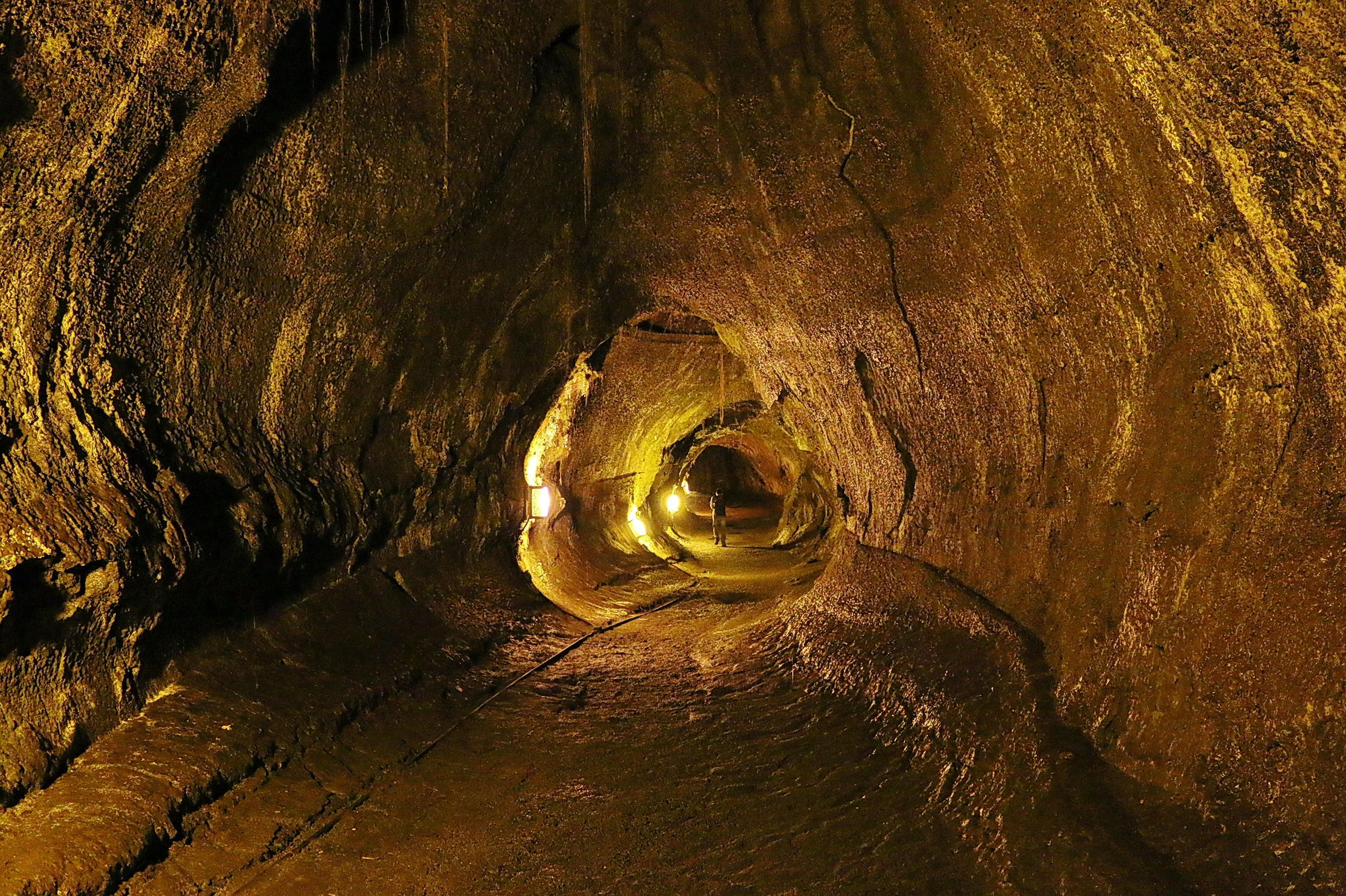 A person stands illuminated inside the Thurston Lava Tube in Hawai'i Volcanoes National Park.