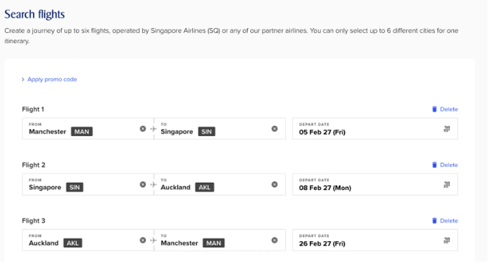 A flight itinerary for a multi-city journey includes Manchester, Singapore, and Auckland with scheduled departures in February 2027.