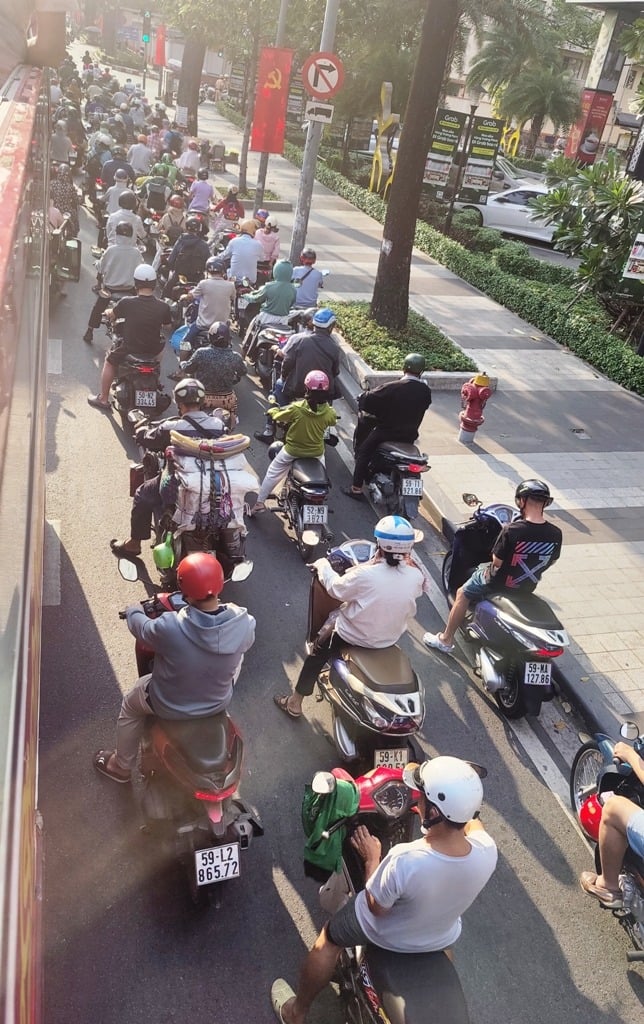 Scooters lined up at traffic lights
