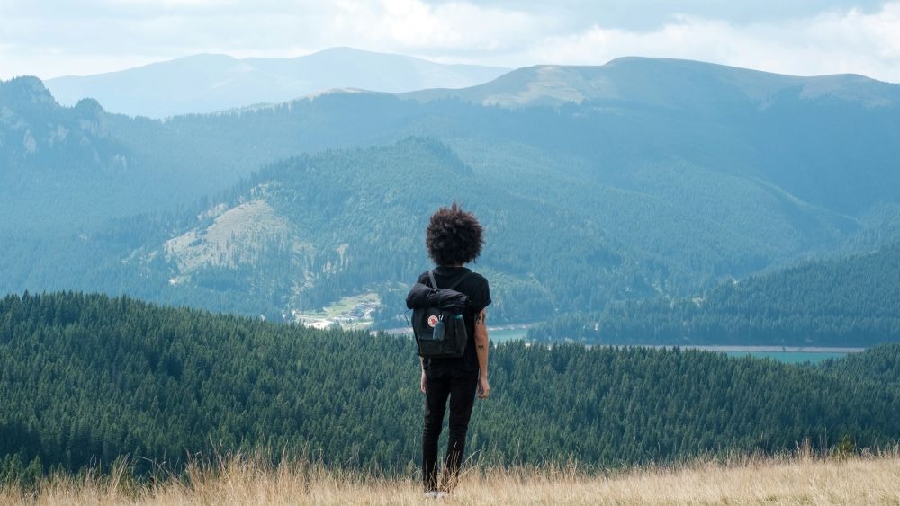A person with a backpack stands on a grassy hill overlooking the lush, expansive view of the Carpathian Mountains.
