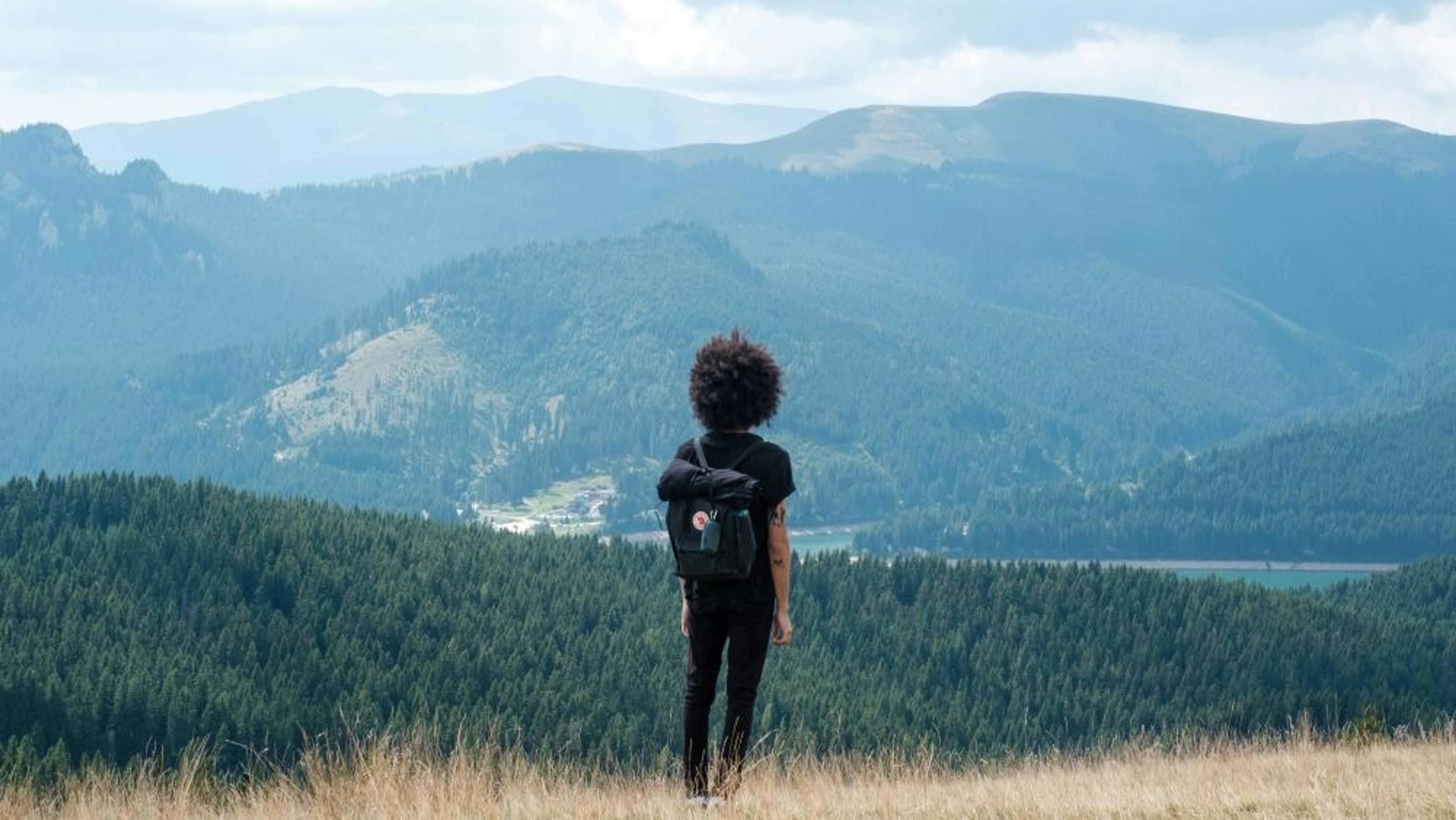 A person with a backpack stands on a grassy hill overlooking the lush, expansive view of the Carpathian Mountains.