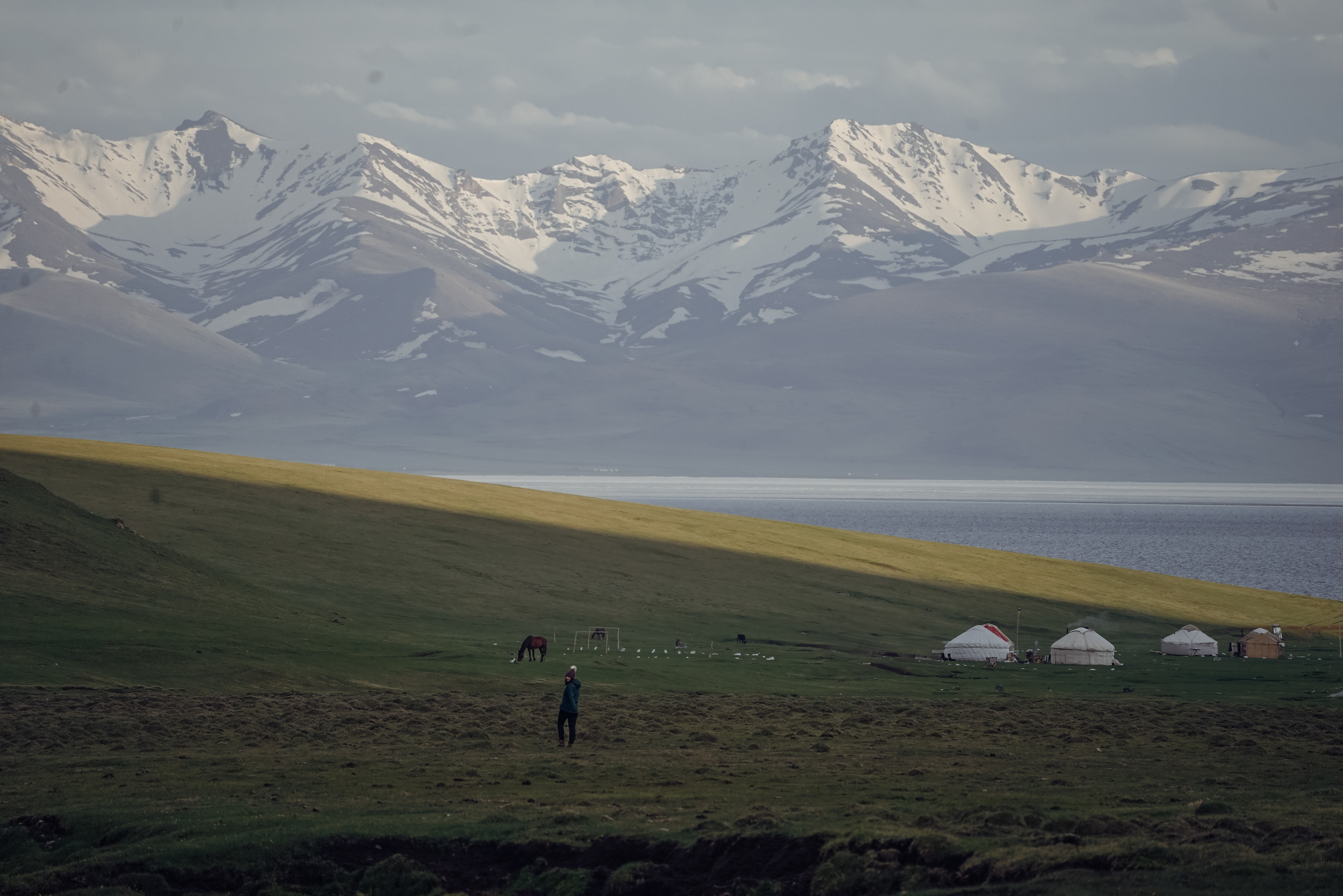 A serene landscape of yurts set against the backdrop of Kyrgyzstan's Son-Kul Lake and snow-capped mountains.