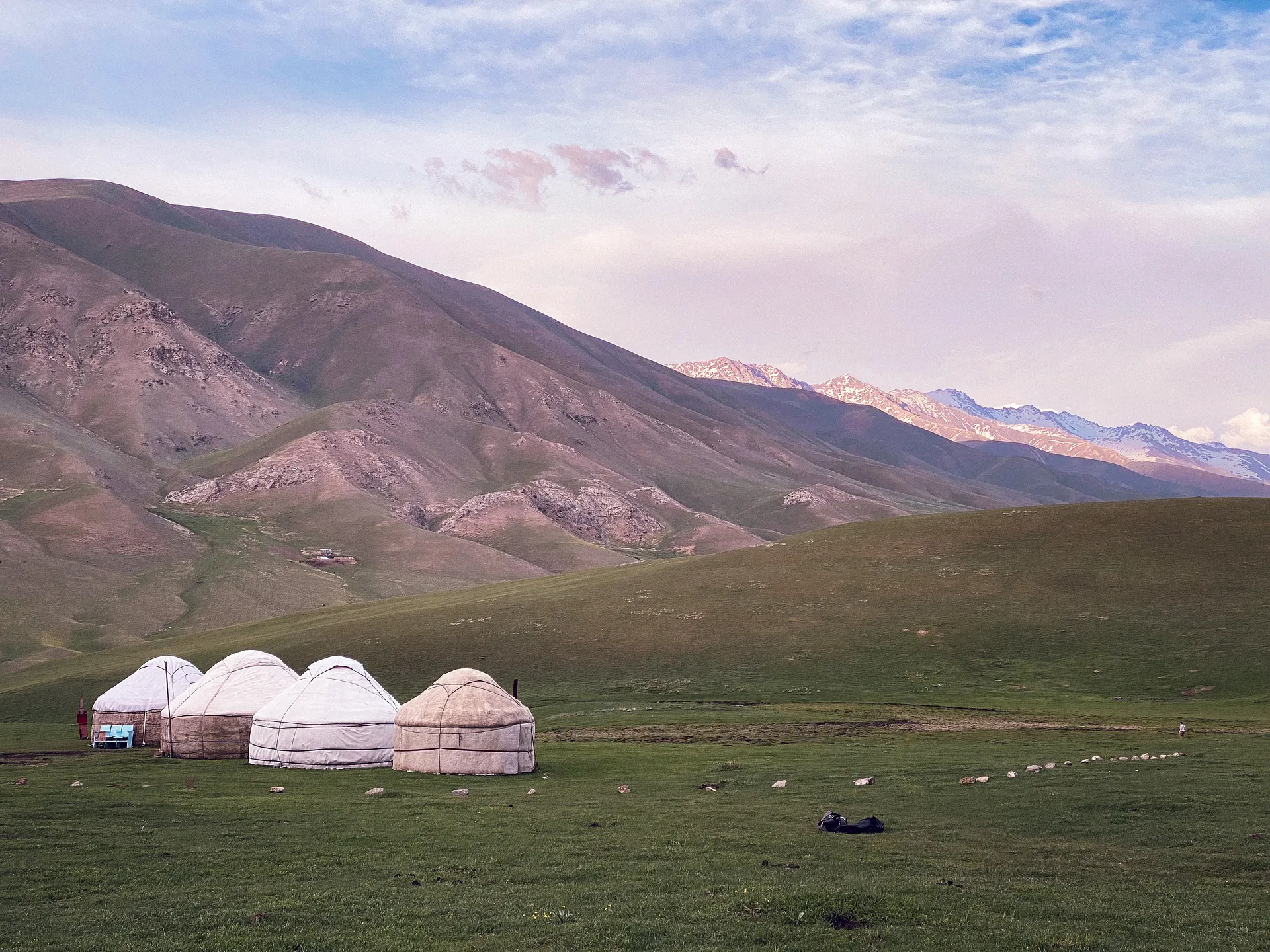 Yurts nestled in the grassy valleys beneath the Tien Shan mountains in Kyrgyzstan.