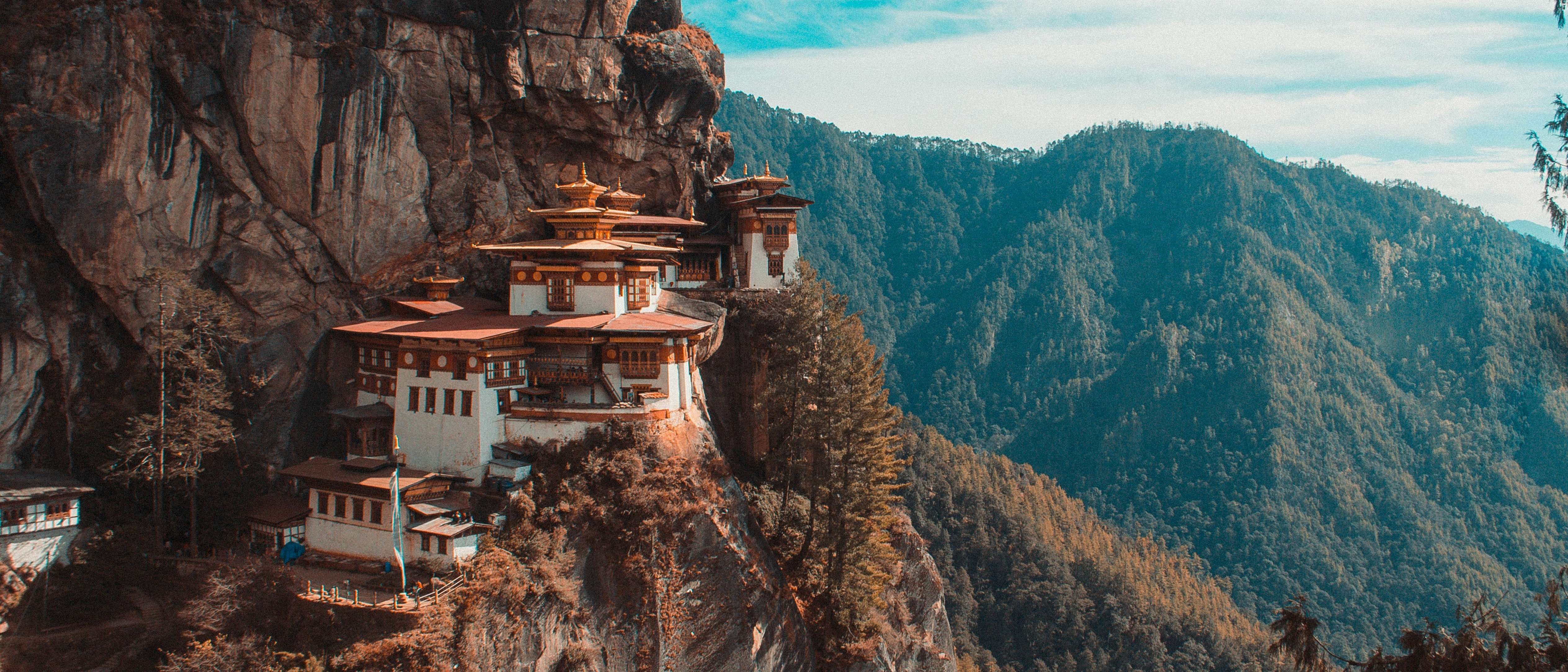 Paro Taktsang, also known as Tiger's Nest Monastery, perched dramatically on a cliffside in Bhutan.