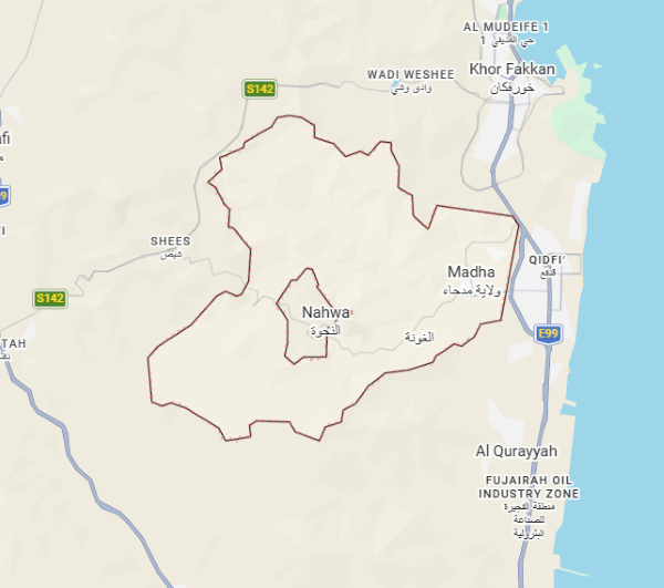 A map highlights the enclave of Nahwa within the Omani exclave of Madha, located near the eastern coast of the United Arab Emirates, close to Khor Fakkan.
