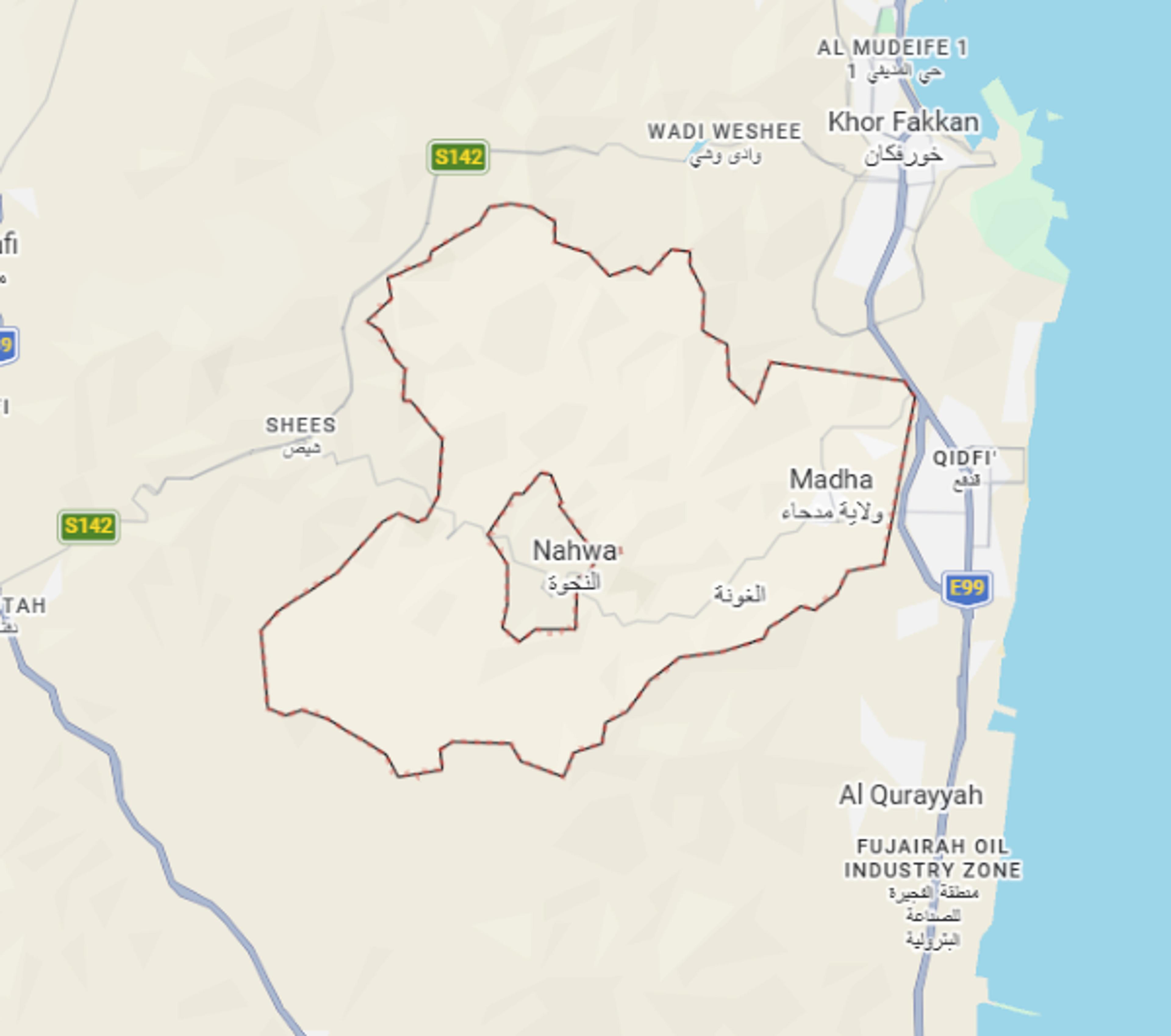 A map highlights the enclave of Nahwa within the Omani exclave of Madha, located near the eastern coast of the United Arab Emirates, close to Khor Fakkan.