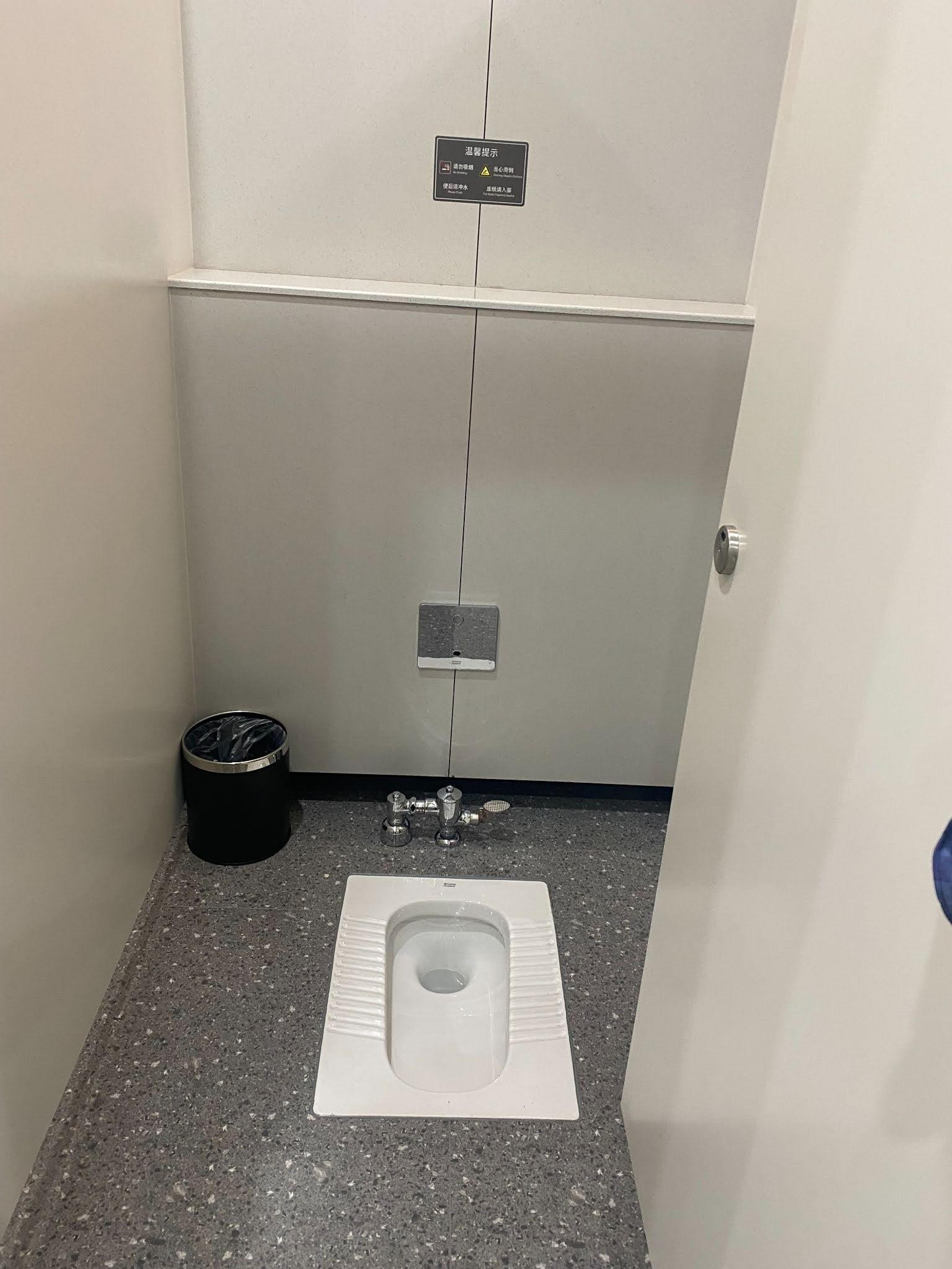 A squat toilet in a restroom with Chinese signage, possibly located in an Asian facility or airport.