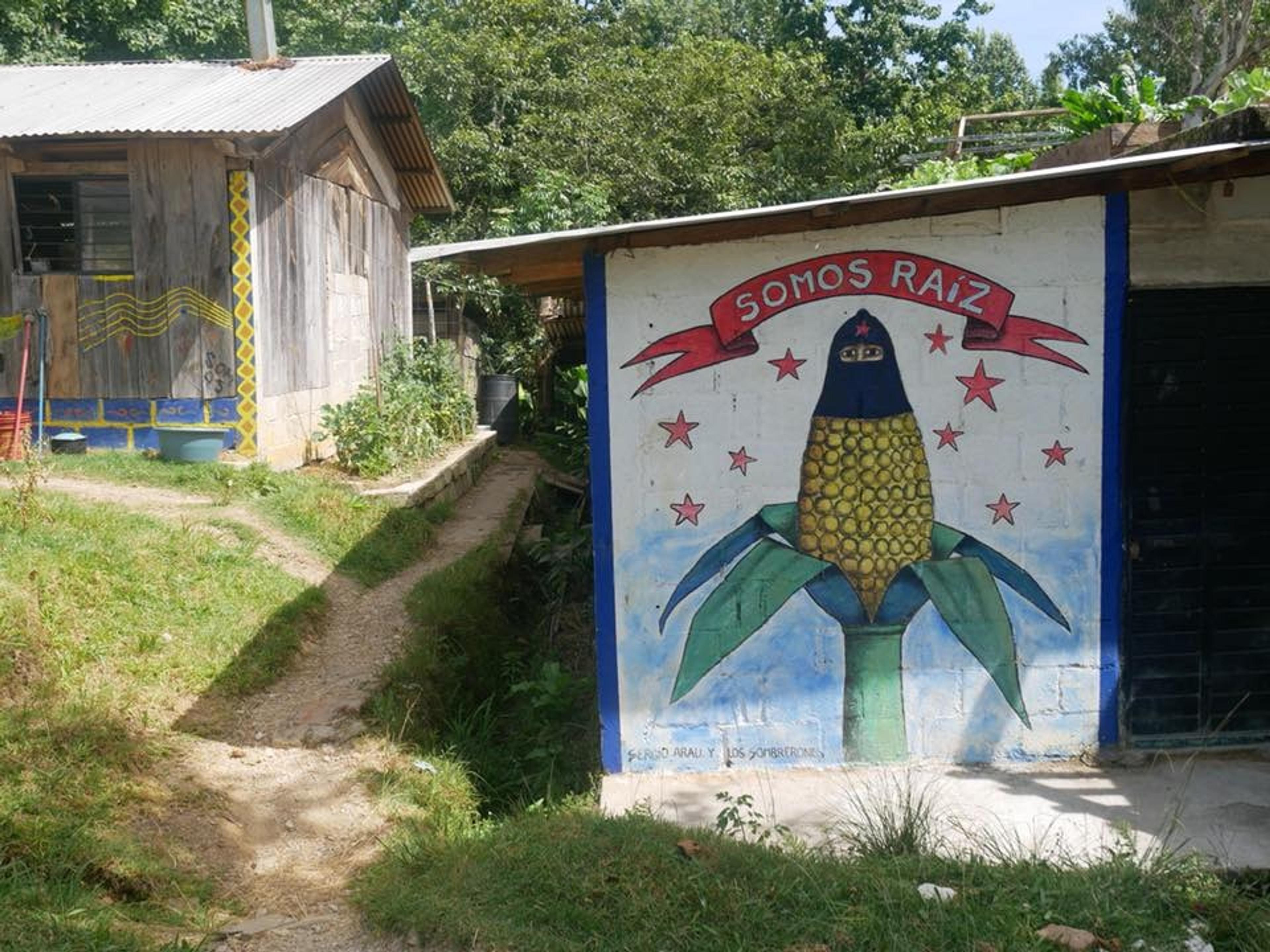 A colorful mural featuring a masked corn figure and the phrase "Somos Raíz" adorns a wall in a rural area, surrounded by greenery and simple wooden buildings.
