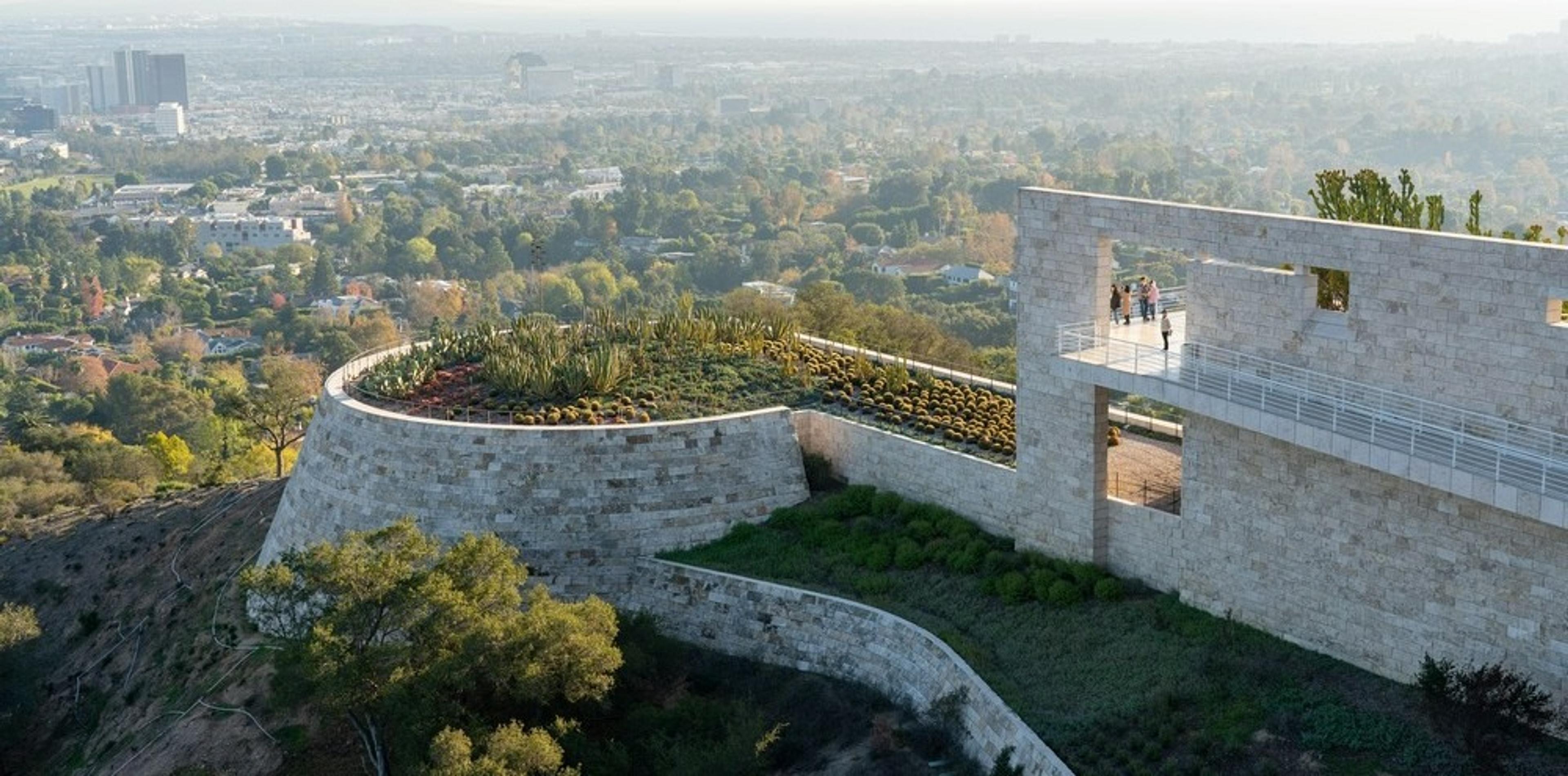 A panoramic view of the Getty Center in Los Angeles, featuring its modern architecture and surrounding gardens.