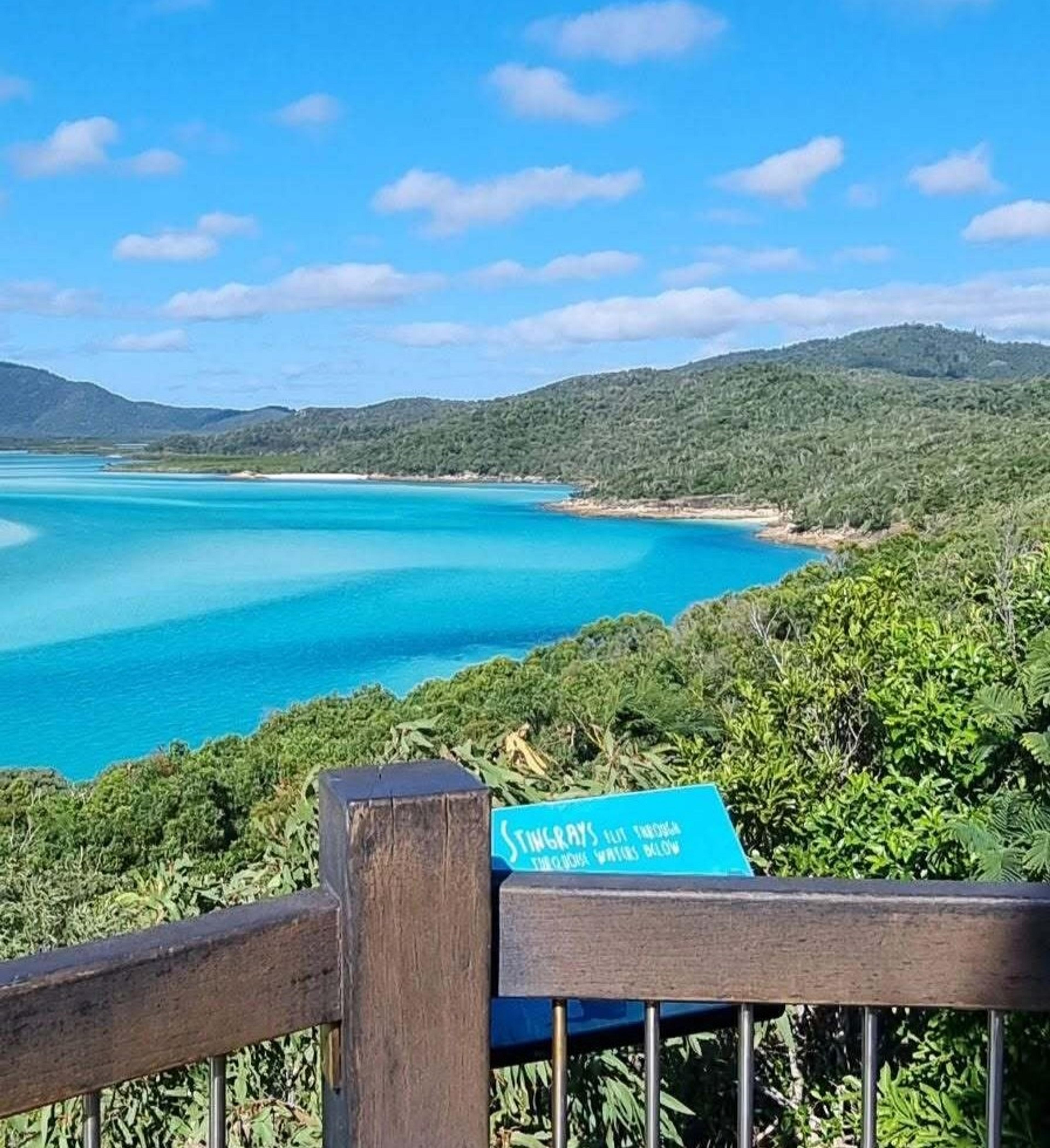 A scenic viewpoint overlooks the vibrant turquoise waters and lush green hills of Hill Inlet on Whitsunday Island, Australia.