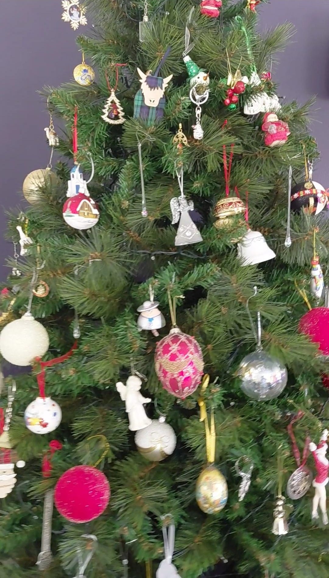 A Christmas tree adorned with diverse ornaments stands in a festive setting