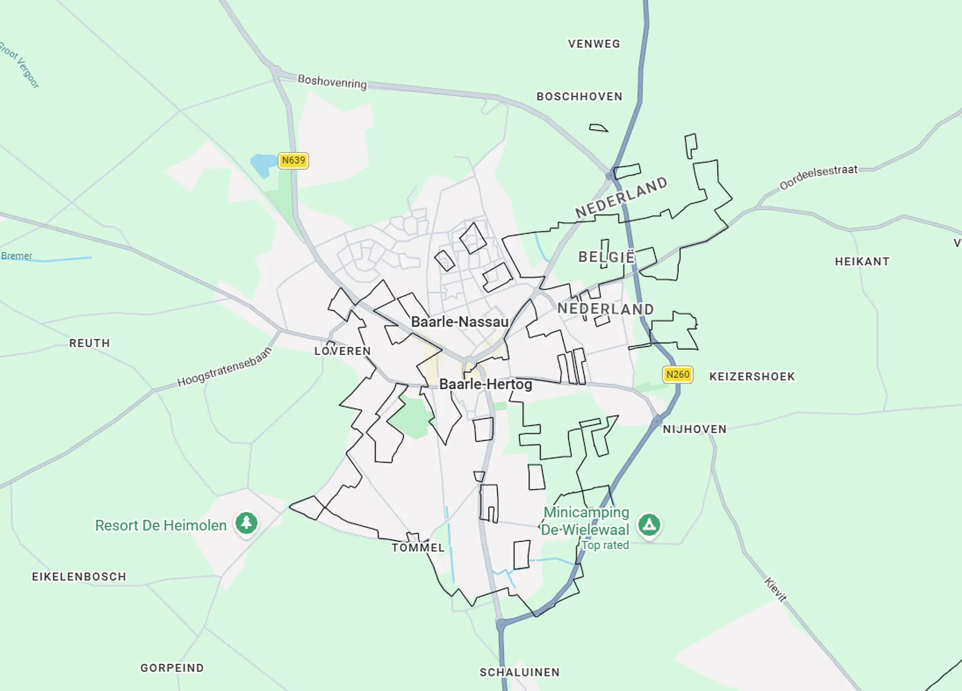 A complex border arrangement is depicted at Baarle-Nassau and Baarle-Hertog, involving interwoven Belgian and Dutch territories.