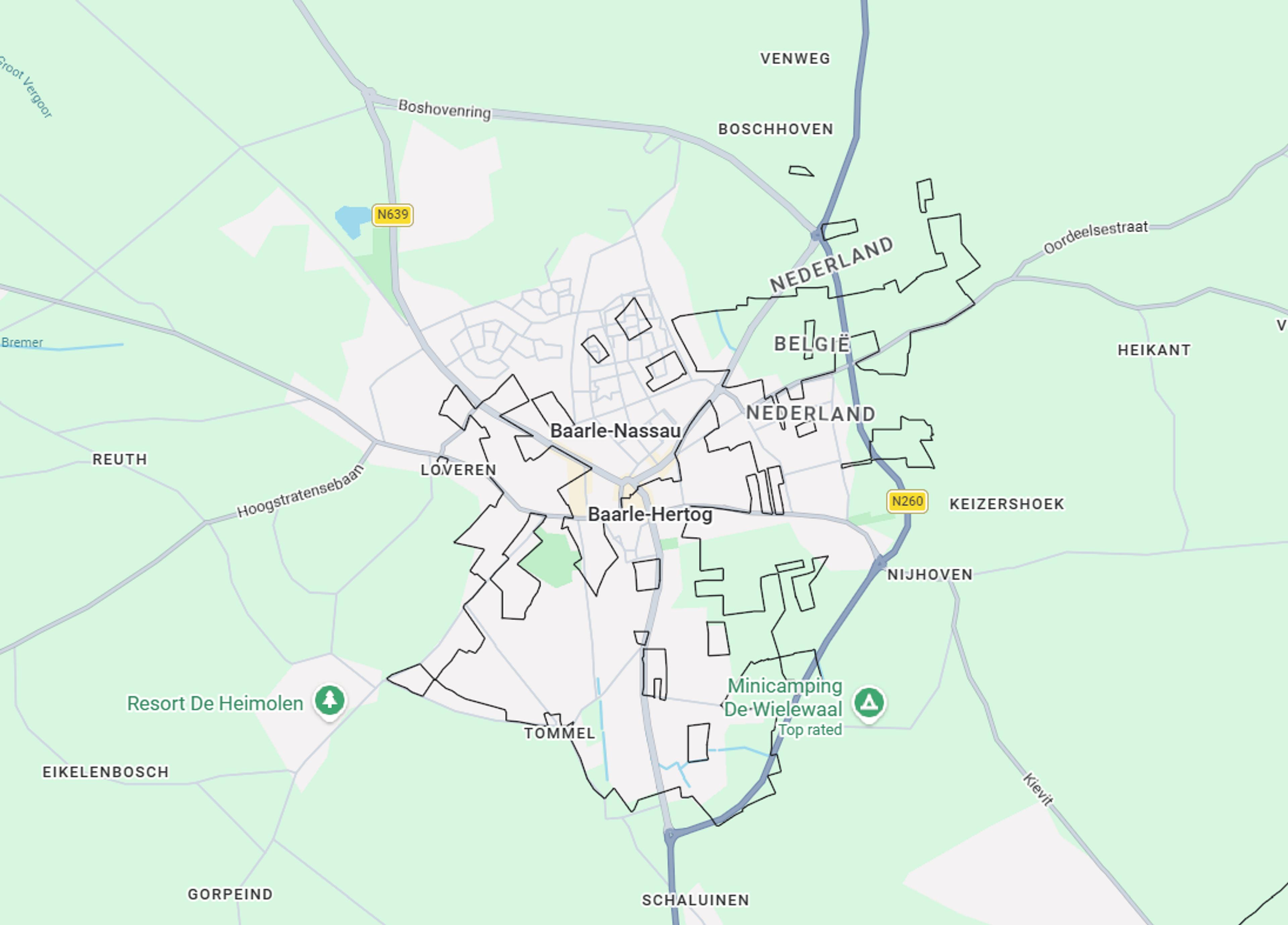 A complex border arrangement is depicted at Baarle-Nassau and Baarle-Hertog, involving interwoven Belgian and Dutch territories.