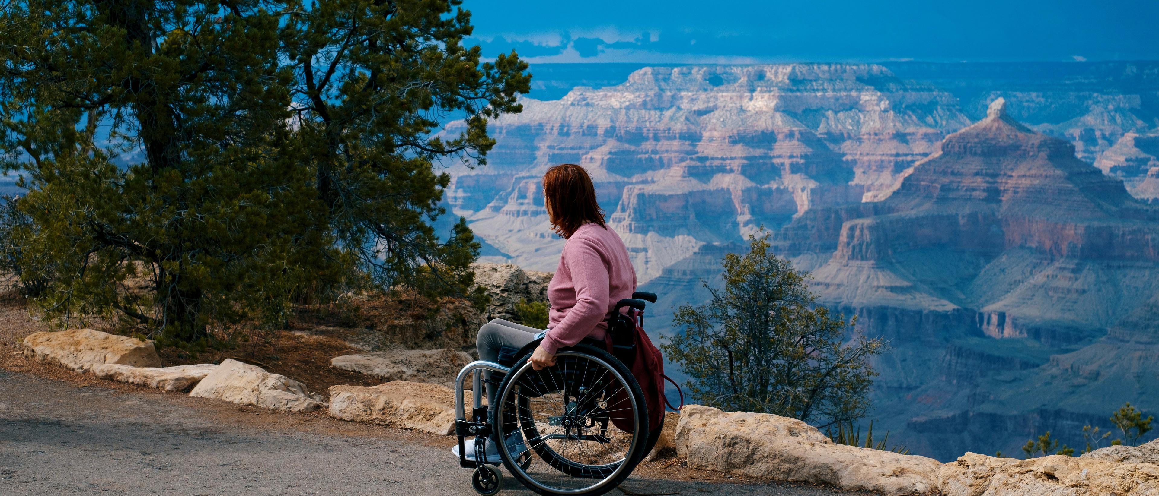 A person in a wheelchair enjoys the breathtaking view of the Grand Canyon.