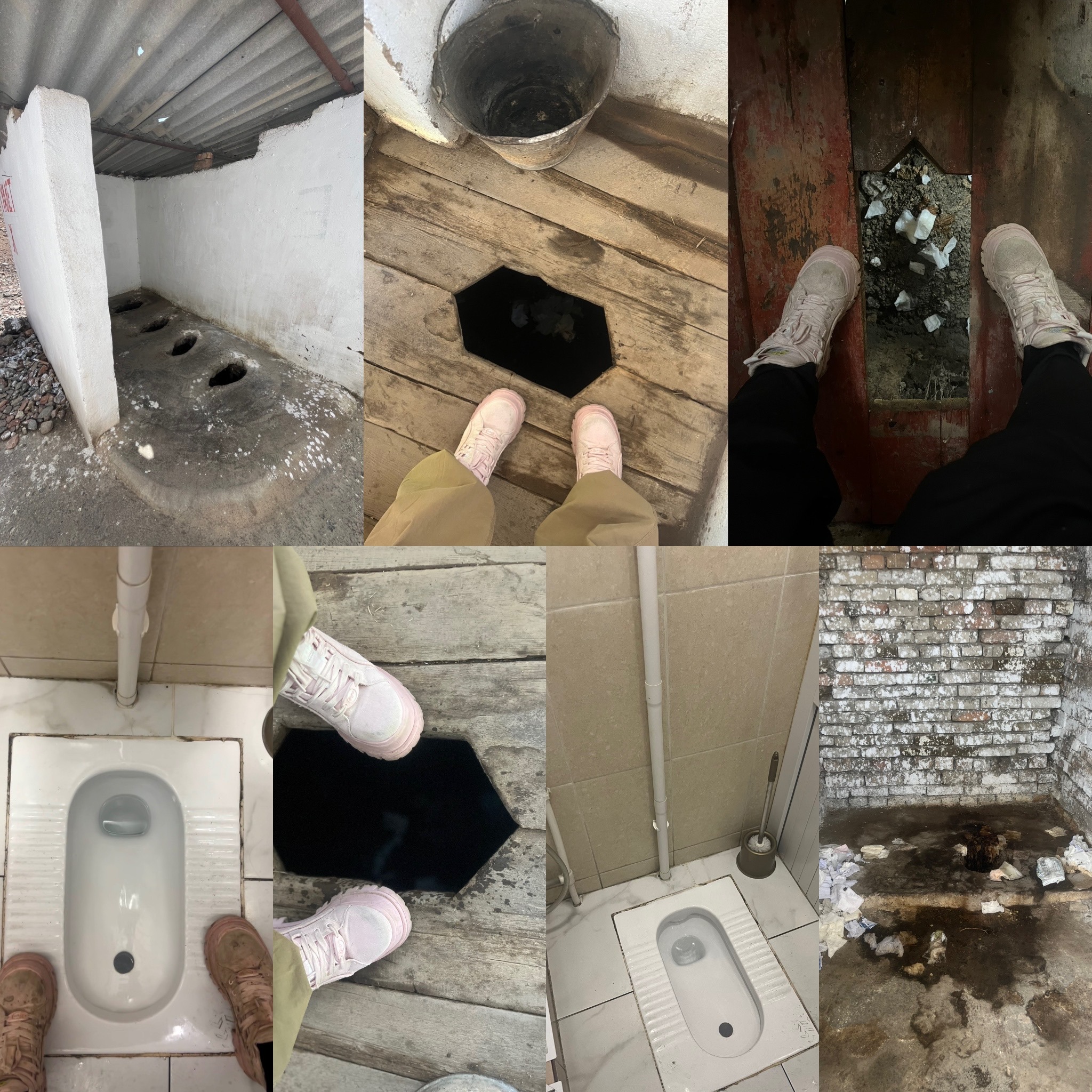 A collage of different toilets from across Kyrgyzstan