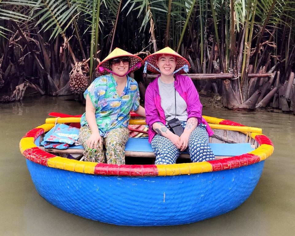 Rachel and Katy in a basket boat
