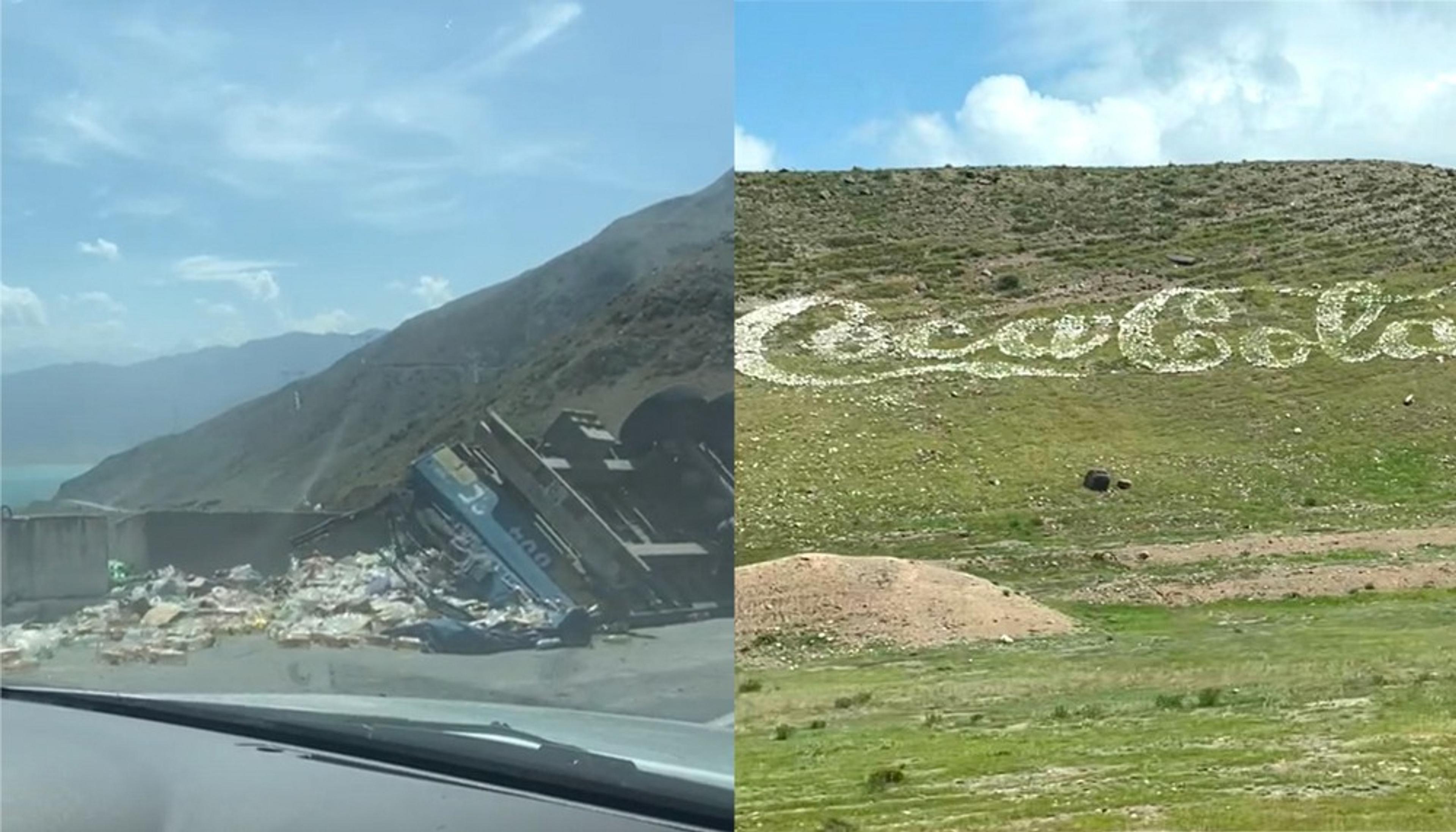 On the left, a semi-truck accident with scattered debris is visible along a mountainous road near Naryn, Kyrgyzstan. On the right, we see Coco-Cola branding made from rocks on the hillside beside the highway.