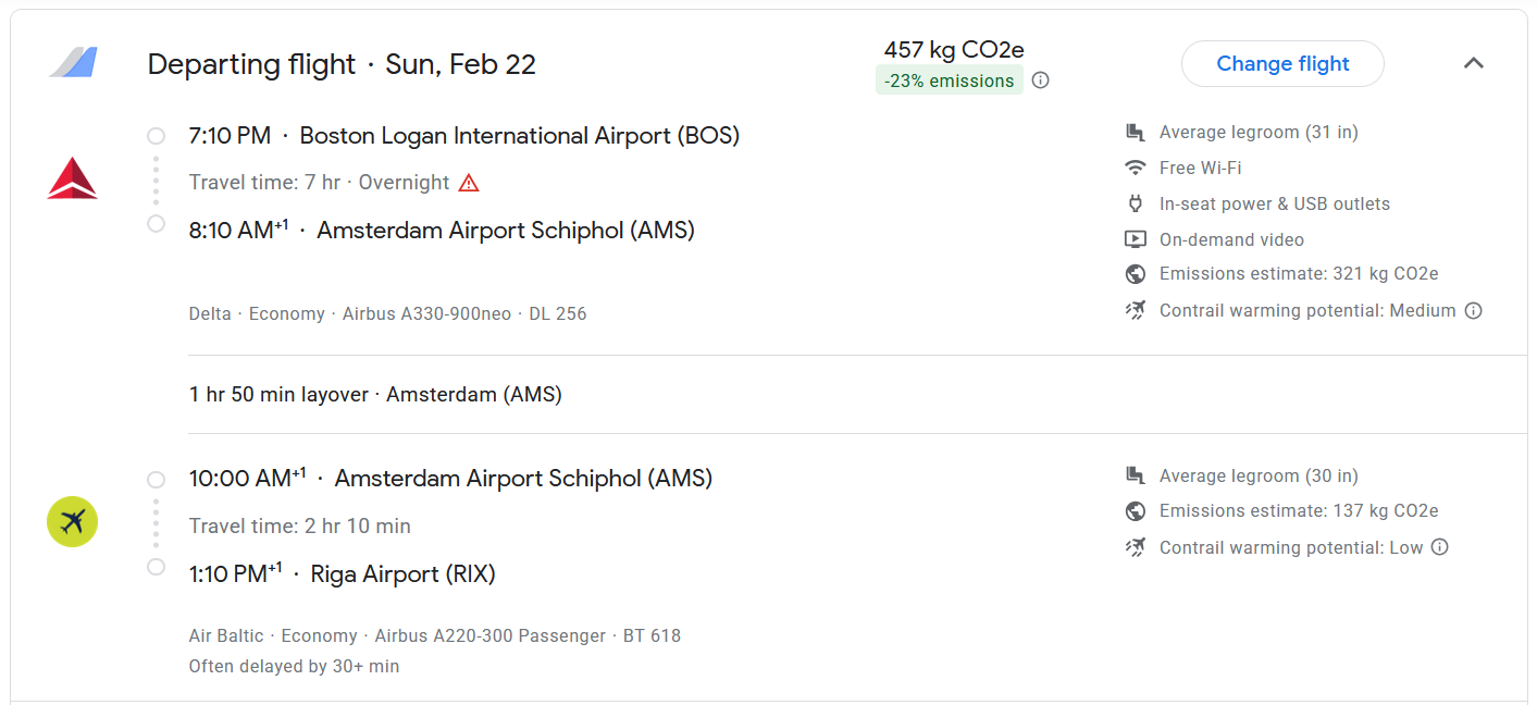 A detailed flight itinerary for February 22 includes a journey from Boston Logan International Airport to Riga Airport, with a layover at Amsterdam Airport Schiphol.