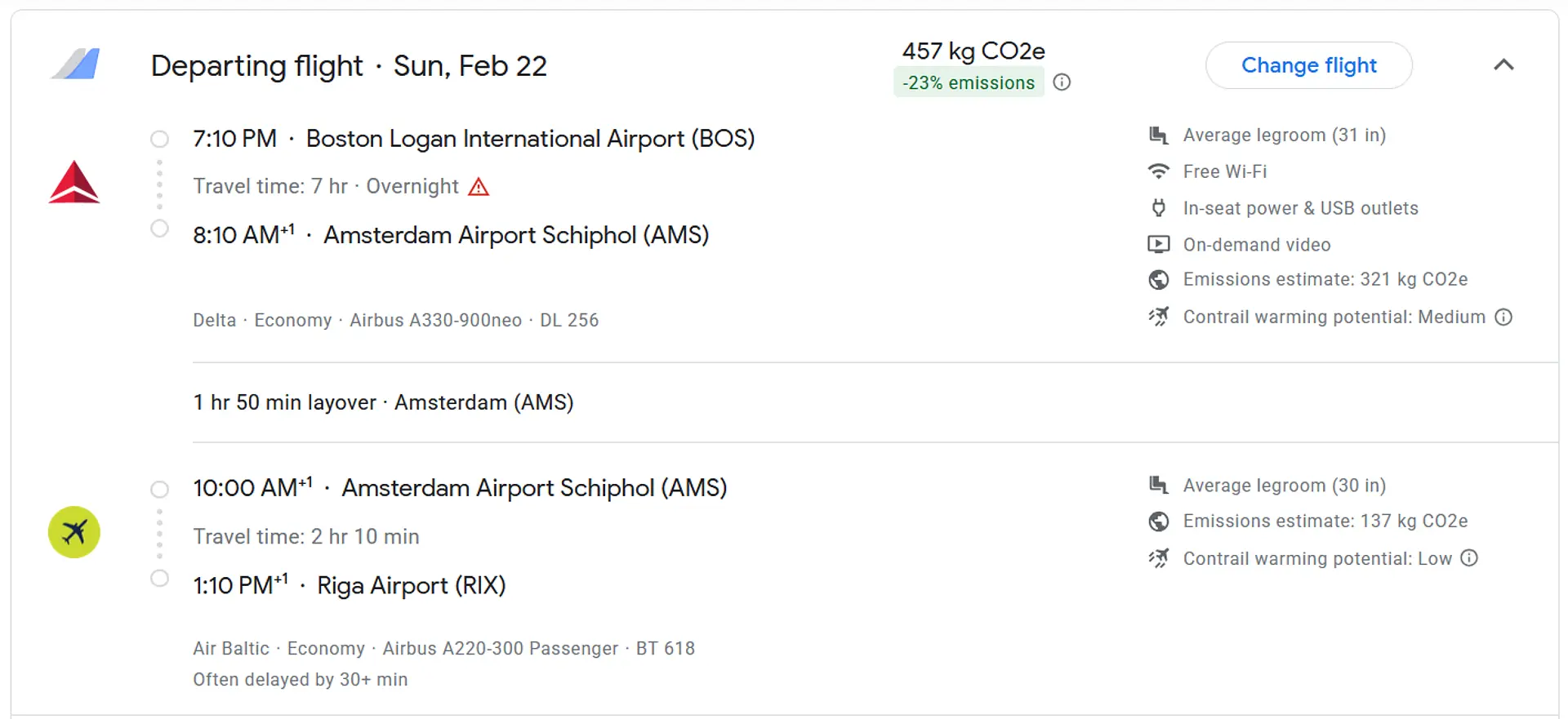 A detailed flight itinerary for February 22 includes a journey from Boston Logan International Airport to Riga Airport, with a layover at Amsterdam Airport Schiphol.