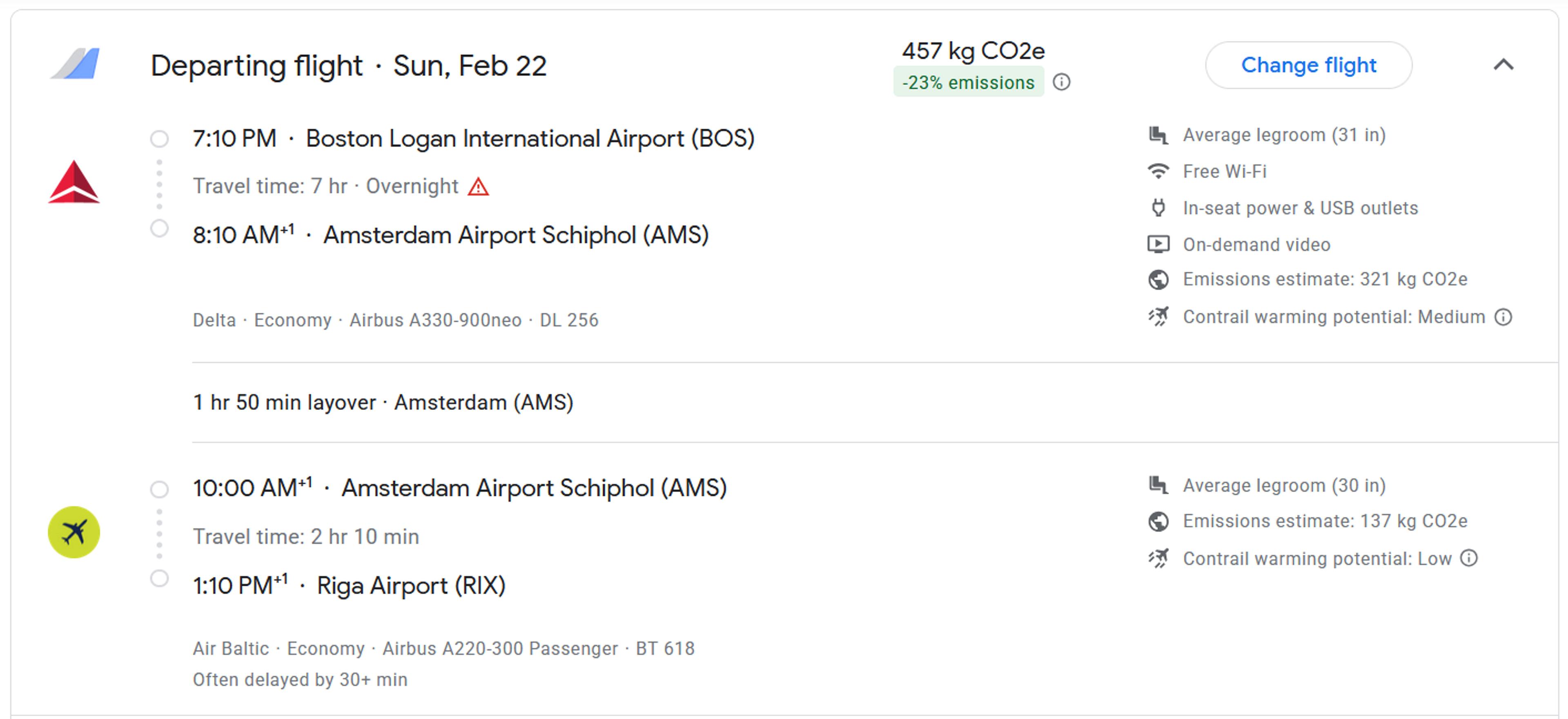 A detailed flight itinerary for February 22 includes a journey from Boston Logan International Airport to Riga Airport, with a layover at Amsterdam Airport Schiphol.