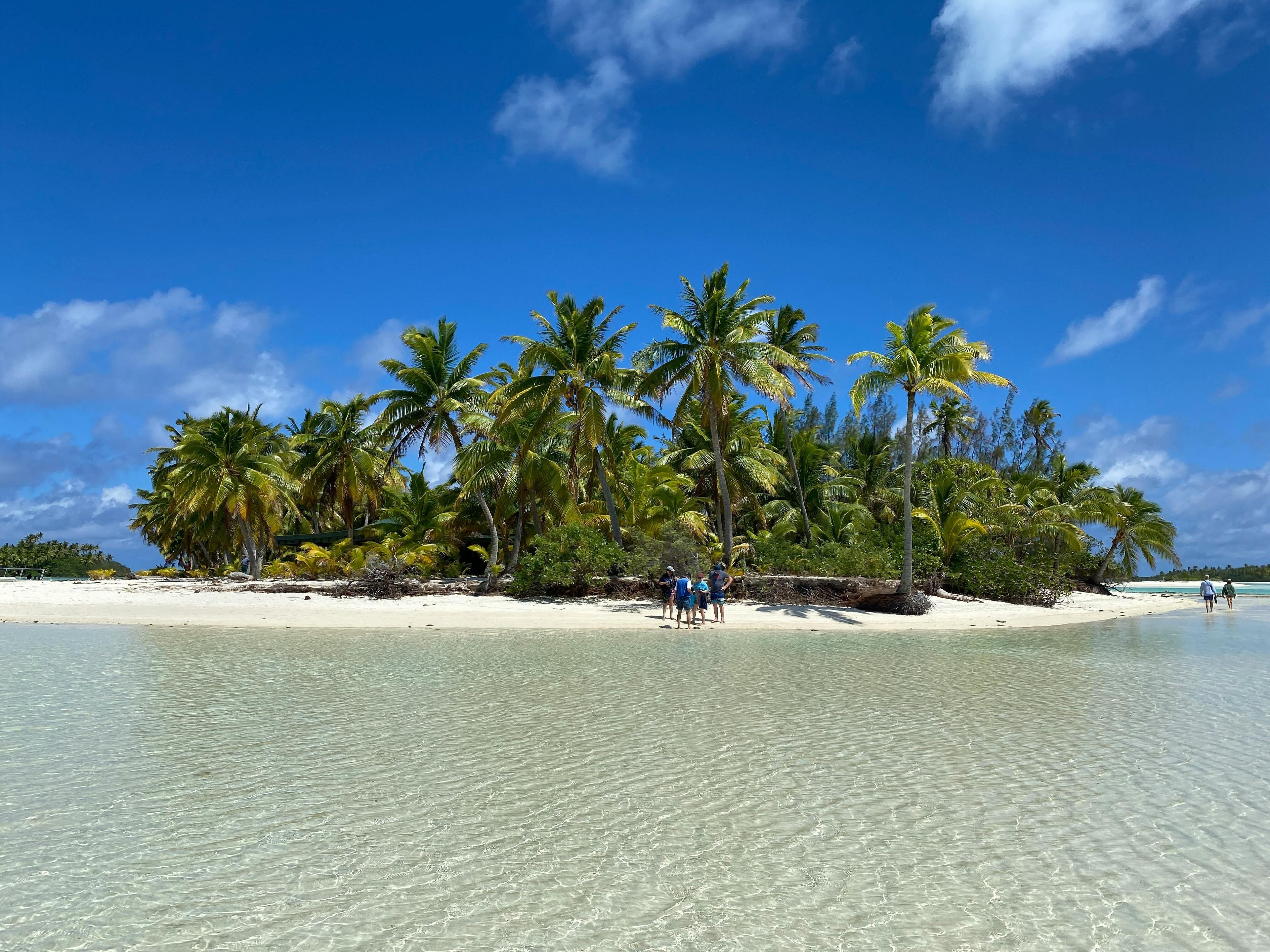 Aitutaki Lagoon in the Cook Islands showcases a pristine beach with crystal clear waters and lush palm trees under a bright blue sky.